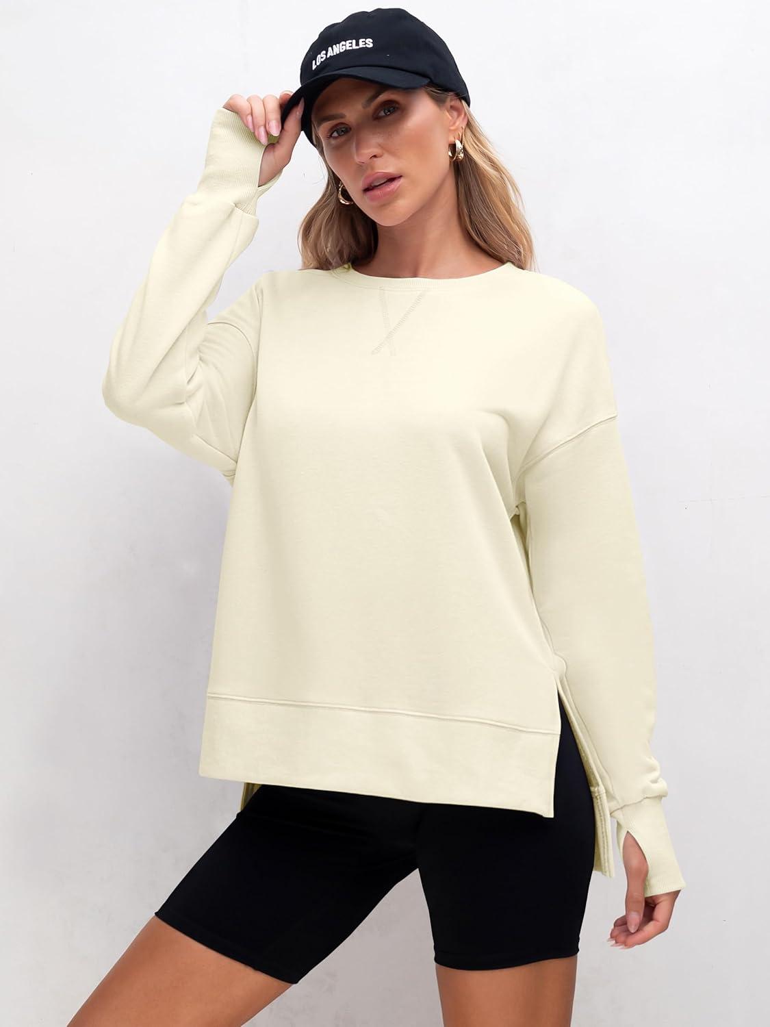 imageANRABESS Sweatshirts for Women 2025 Fall Long Sleeve Shirts Oversized Crewneck Lightweight Side Split Casual Pullover TopsAlmond