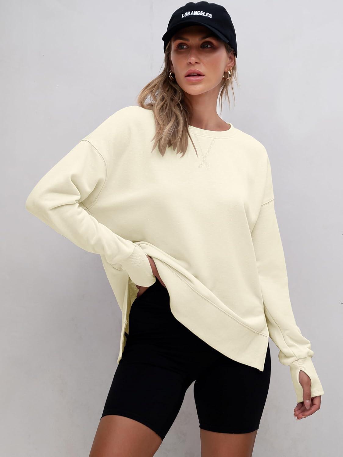 imageANRABESS Sweatshirts for Women 2025 Fall Long Sleeve Shirts Oversized Crewneck Lightweight Side Split Casual Pullover TopsAlmond