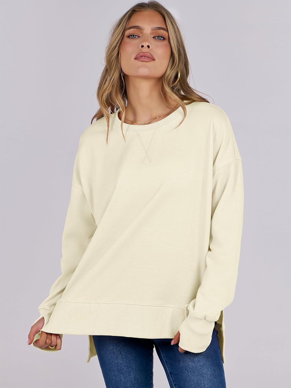 imageANRABESS Sweatshirts for Women 2025 Fall Long Sleeve Shirts Oversized Crewneck Lightweight Side Split Casual Pullover TopsAlmond