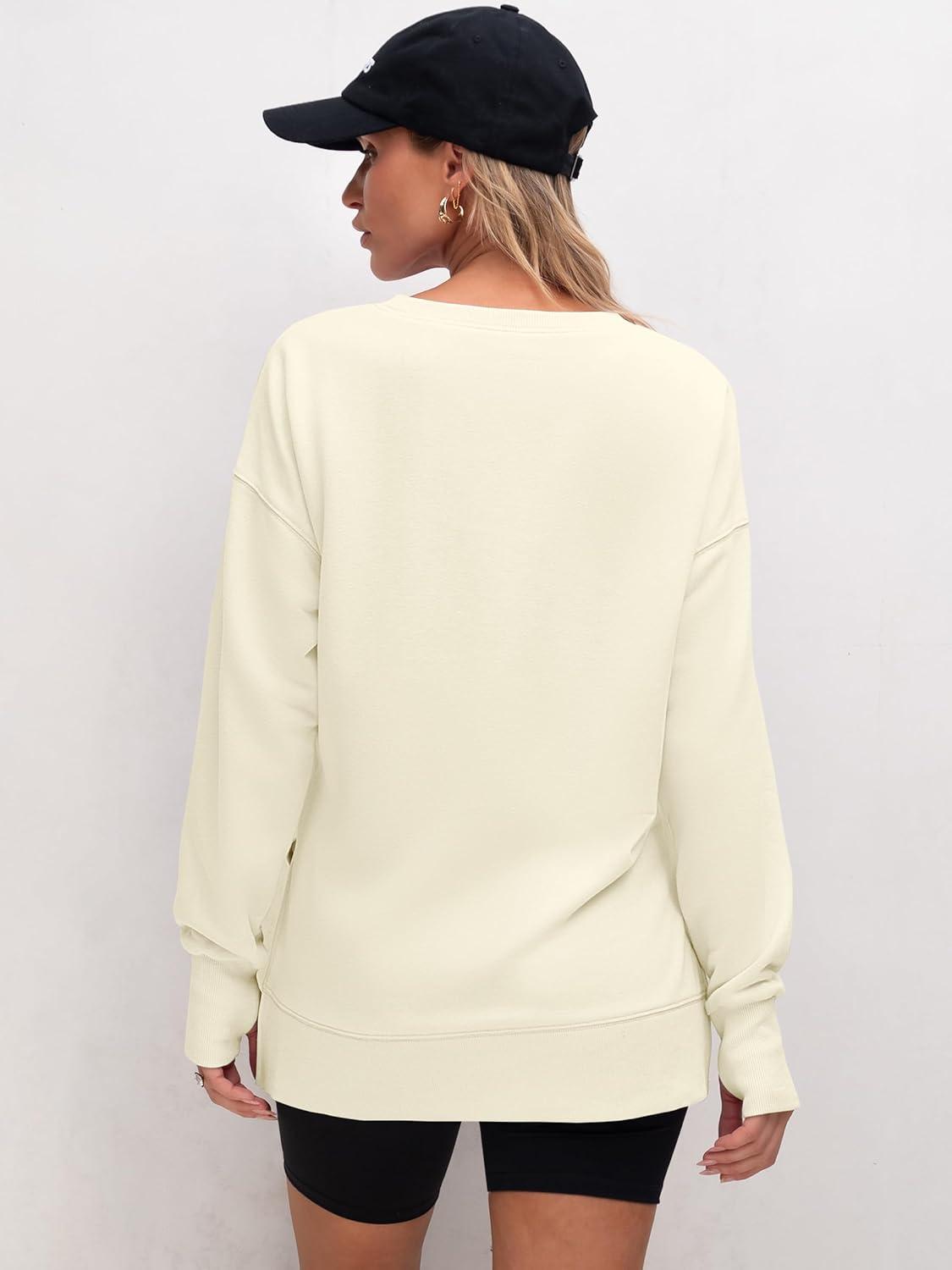 imageANRABESS Sweatshirts for Women 2025 Fall Long Sleeve Shirts Oversized Crewneck Lightweight Side Split Casual Pullover TopsAlmond