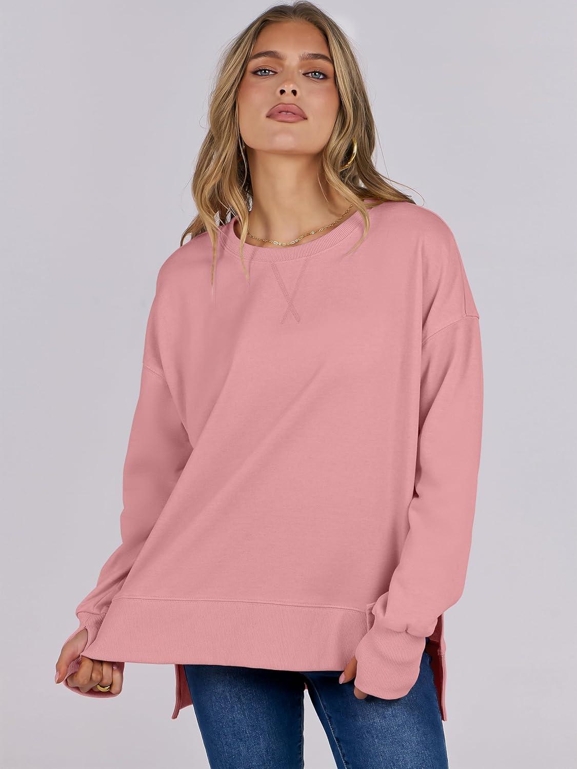 imageANRABESS Sweatshirts for Women 2025 Fall Long Sleeve Shirts Oversized Crewneck Lightweight Side Split Casual Pullover TopsCoral Pink