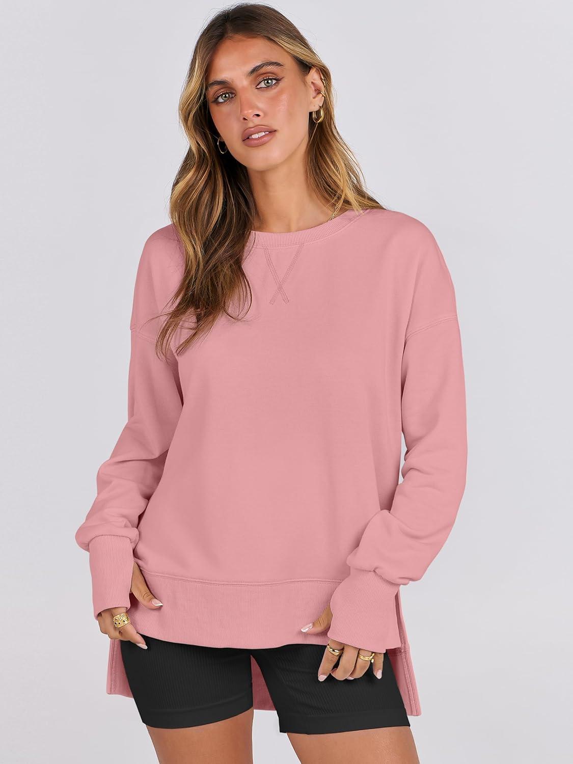 imageANRABESS Sweatshirts for Women 2025 Fall Long Sleeve Shirts Oversized Crewneck Lightweight Side Split Casual Pullover TopsCoral Pink