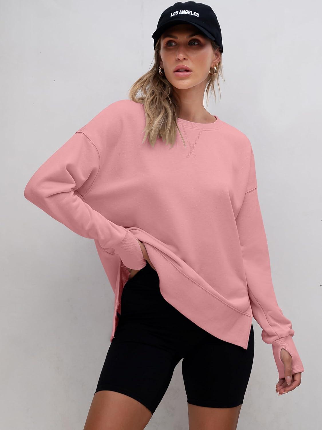 imageANRABESS Sweatshirts for Women 2025 Fall Long Sleeve Shirts Oversized Crewneck Lightweight Side Split Casual Pullover TopsCoral Pink