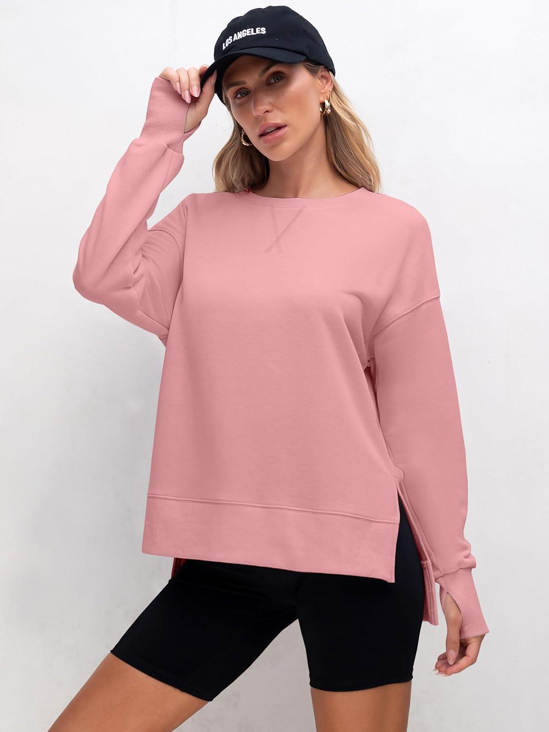imageANRABESS Sweatshirts for Women 2025 Fall Long Sleeve Shirts Oversized Crewneck Lightweight Side Split Casual Pullover TopsCoral Pink