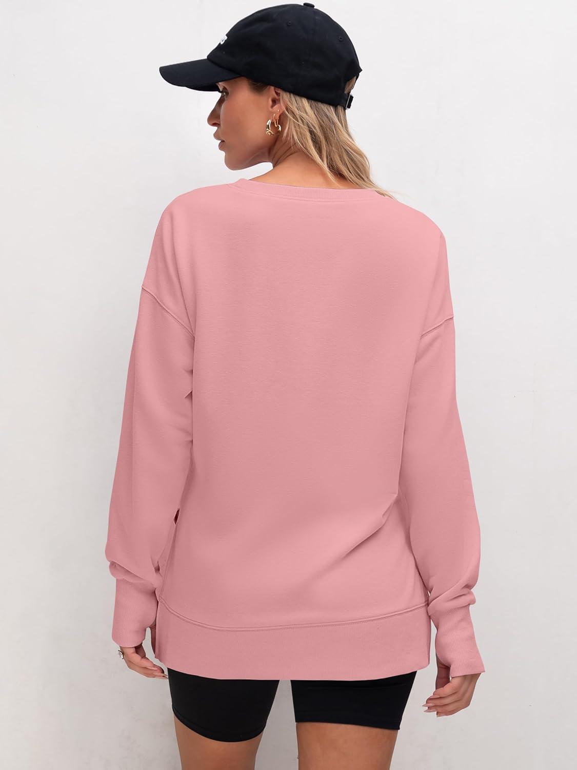 imageANRABESS Sweatshirts for Women 2025 Fall Long Sleeve Shirts Oversized Crewneck Lightweight Side Split Casual Pullover TopsCoral Pink