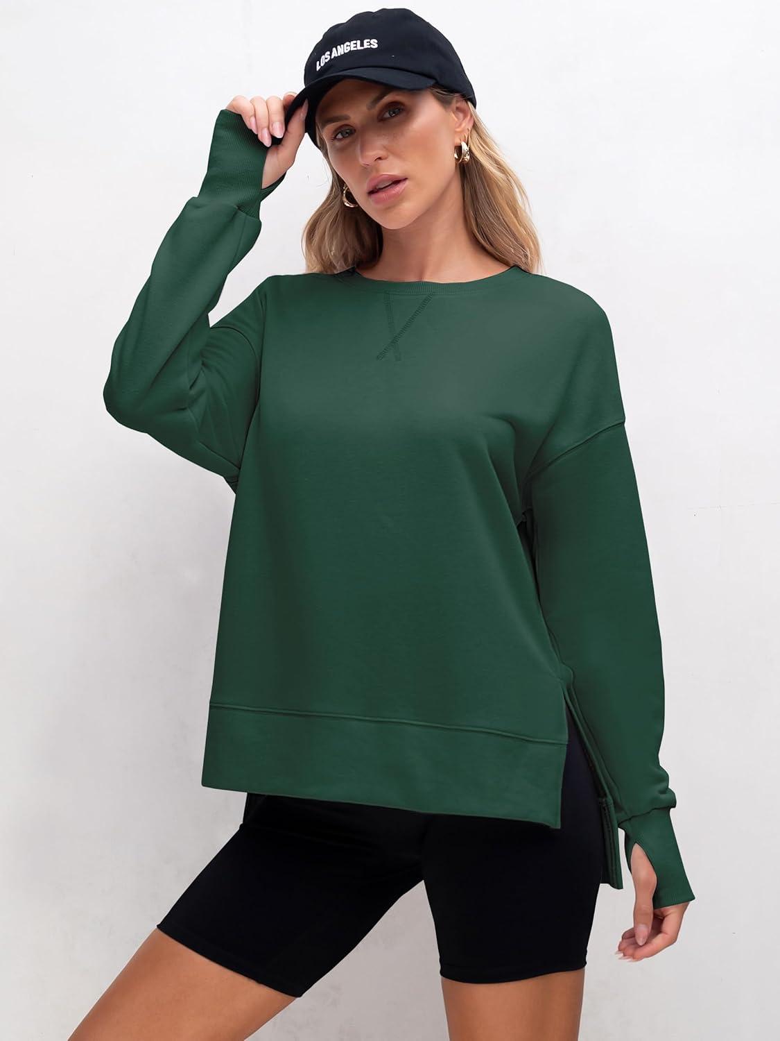 imageANRABESS Sweatshirts for Women 2025 Fall Long Sleeve Shirts Oversized Crewneck Lightweight Side Split Casual Pullover TopsForest Green