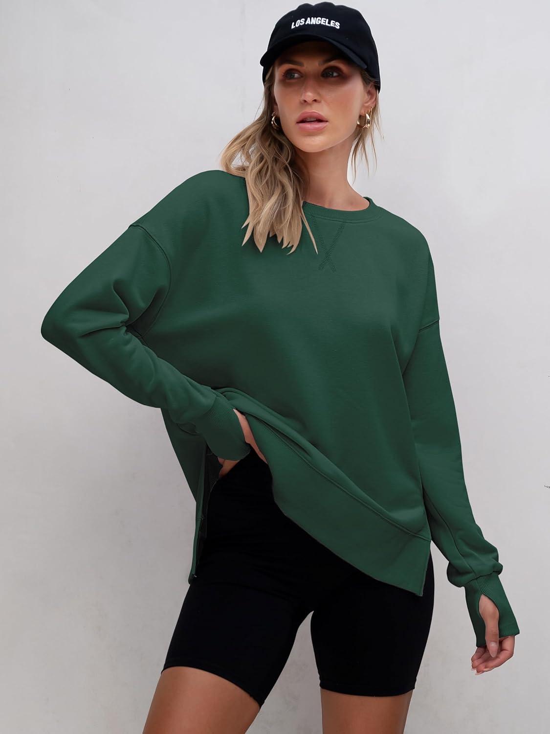 imageANRABESS Sweatshirts for Women 2025 Fall Long Sleeve Shirts Oversized Crewneck Lightweight Side Split Casual Pullover TopsForest Green