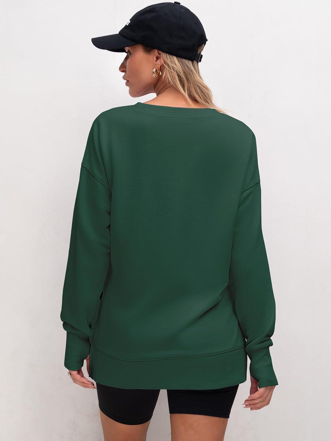 imageANRABESS Sweatshirts for Women 2025 Fall Long Sleeve Shirts Oversized Crewneck Lightweight Side Split Casual Pullover TopsForest Green