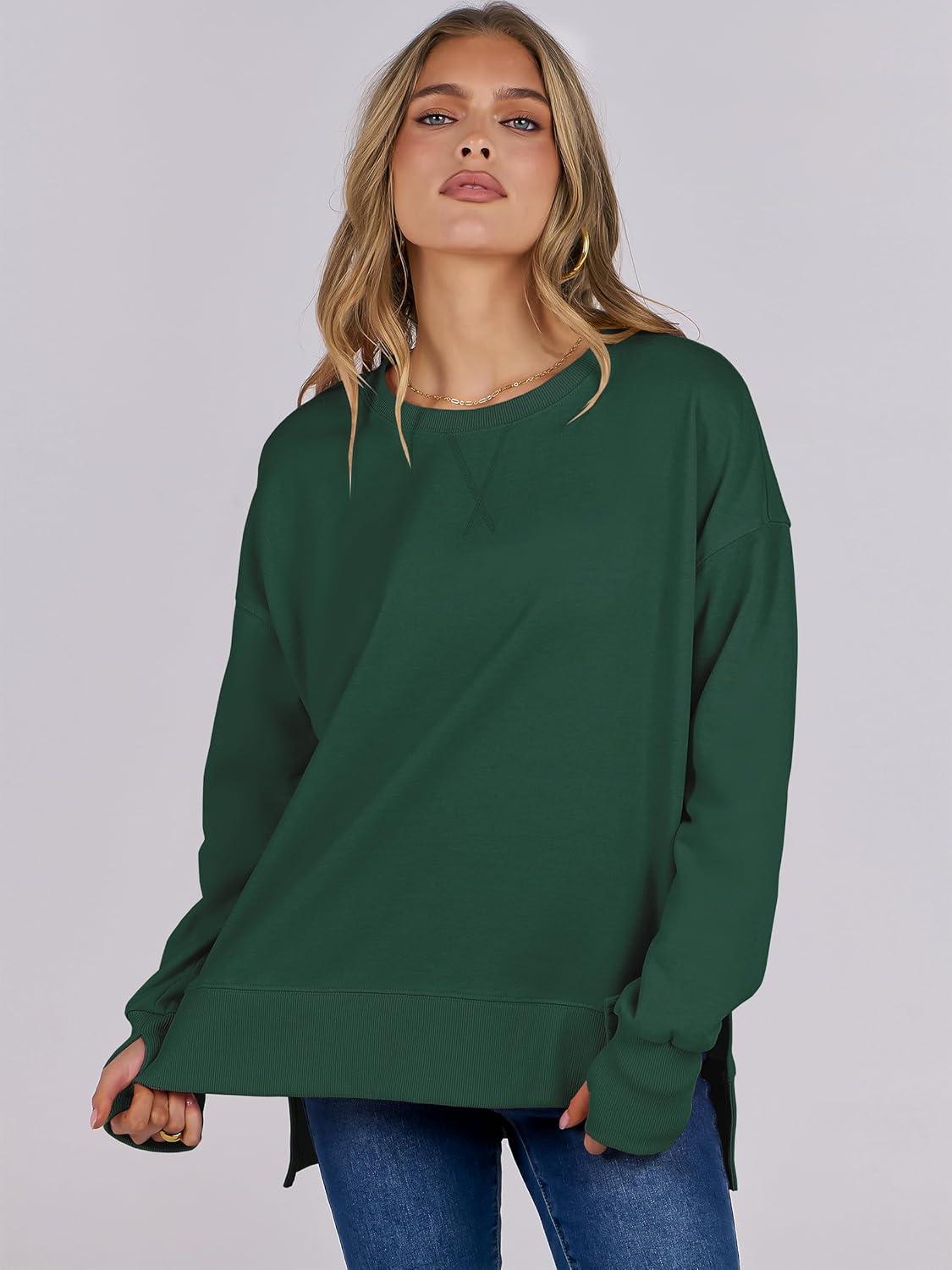 imageANRABESS Sweatshirts for Women 2025 Fall Long Sleeve Shirts Oversized Crewneck Lightweight Side Split Casual Pullover TopsForest Green