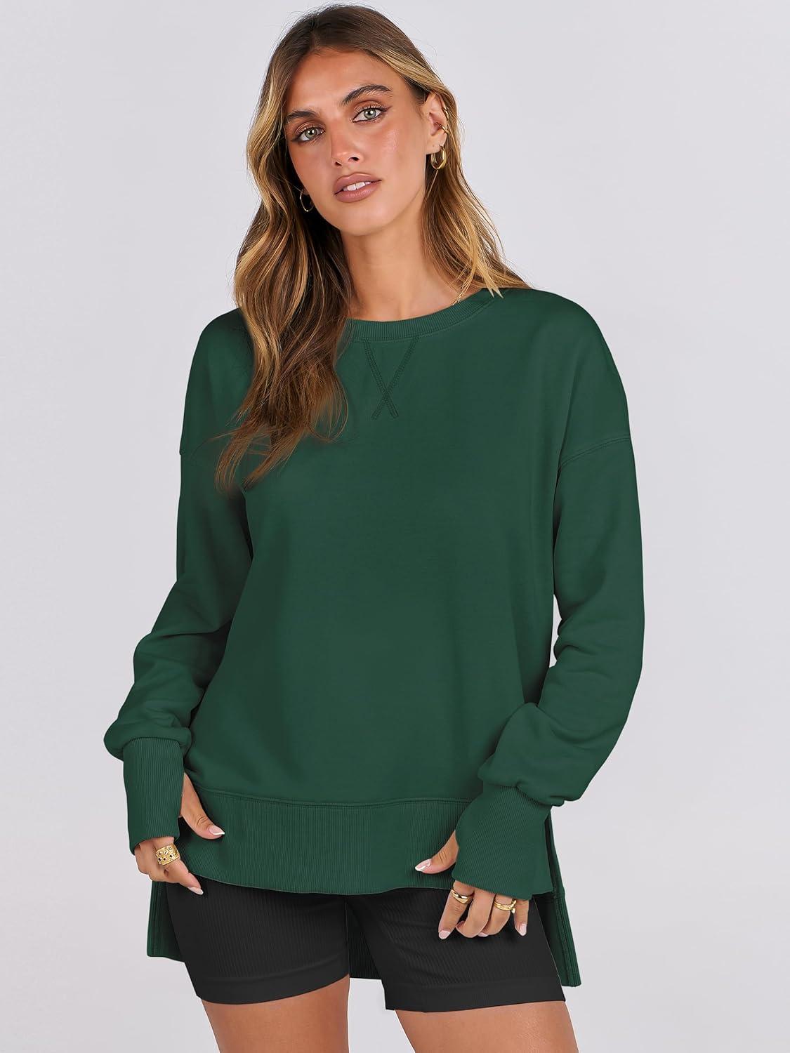 imageANRABESS Sweatshirts for Women 2025 Fall Long Sleeve Shirts Oversized Crewneck Lightweight Side Split Casual Pullover TopsForest Green