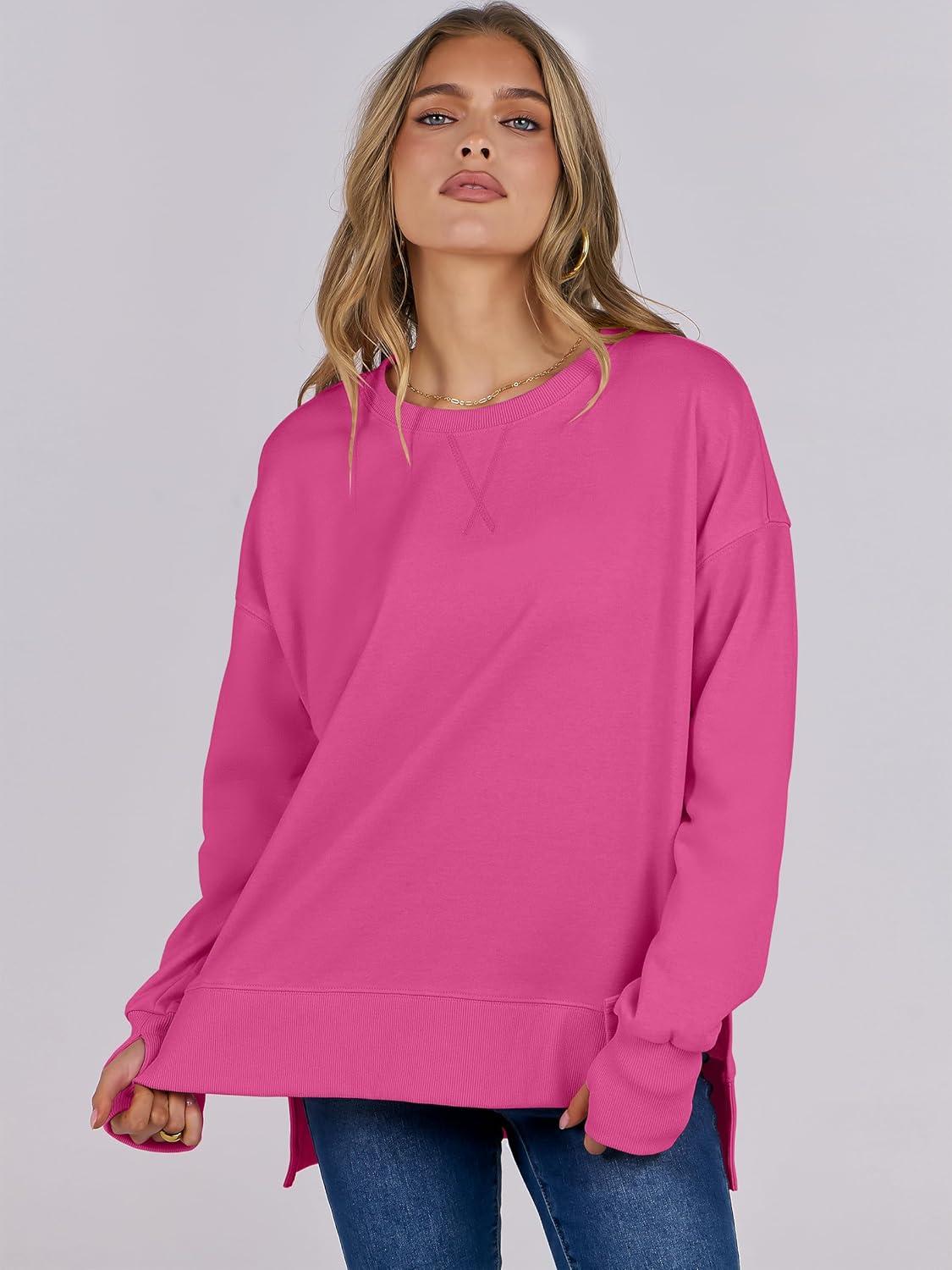 imageANRABESS Sweatshirts for Women 2025 Fall Long Sleeve Shirts Oversized Crewneck Lightweight Side Split Casual Pullover TopsHot Pink