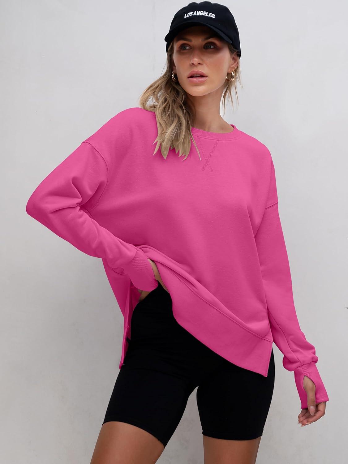 imageANRABESS Sweatshirts for Women 2025 Fall Long Sleeve Shirts Oversized Crewneck Lightweight Side Split Casual Pullover TopsHot Pink