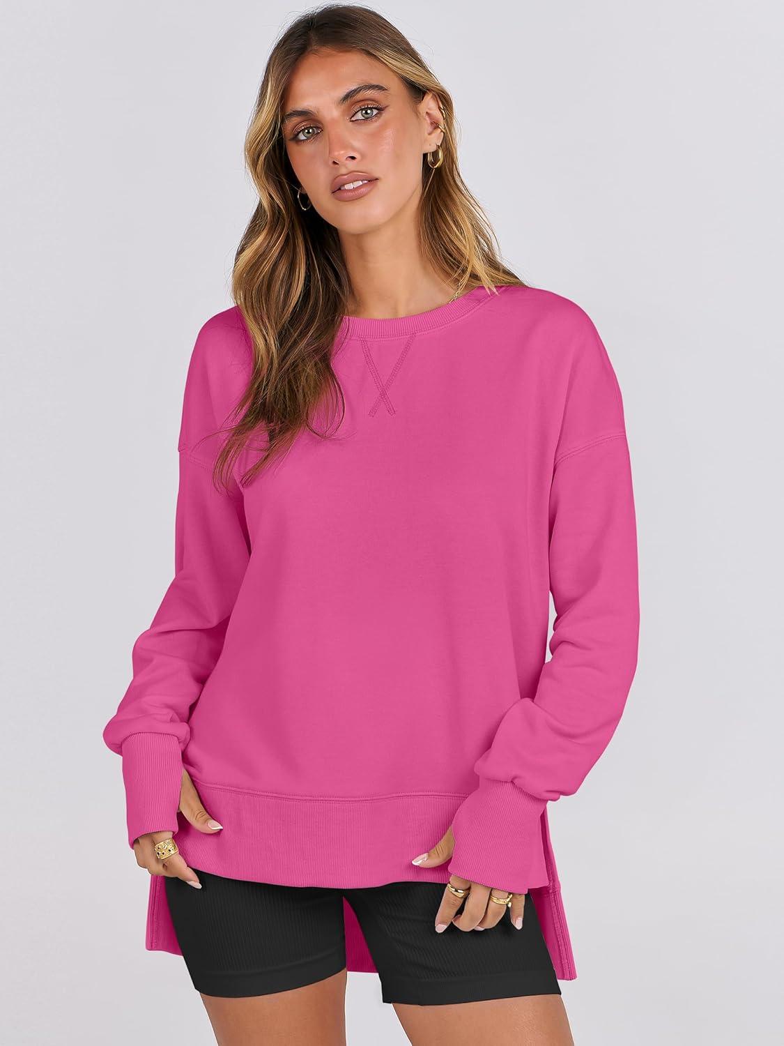 imageANRABESS Sweatshirts for Women 2025 Fall Long Sleeve Shirts Oversized Crewneck Lightweight Side Split Casual Pullover TopsHot Pink