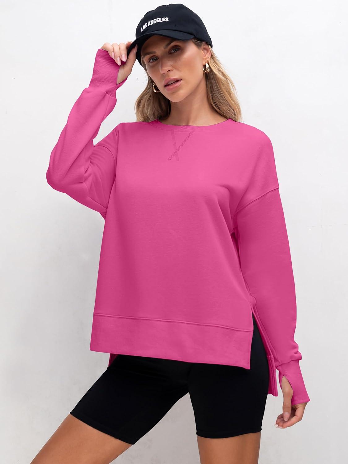 imageANRABESS Sweatshirts for Women 2025 Fall Long Sleeve Shirts Oversized Crewneck Lightweight Side Split Casual Pullover TopsHot Pink