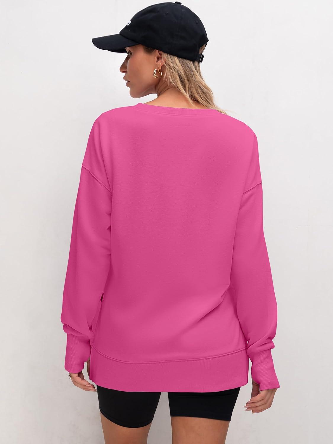 imageANRABESS Sweatshirts for Women 2025 Fall Long Sleeve Shirts Oversized Crewneck Lightweight Side Split Casual Pullover TopsHot Pink