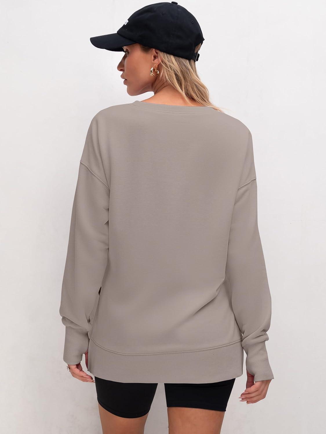 imageANRABESS Sweatshirts for Women 2025 Fall Long Sleeve Shirts Oversized Crewneck Lightweight Side Split Casual Pullover TopsKhaki