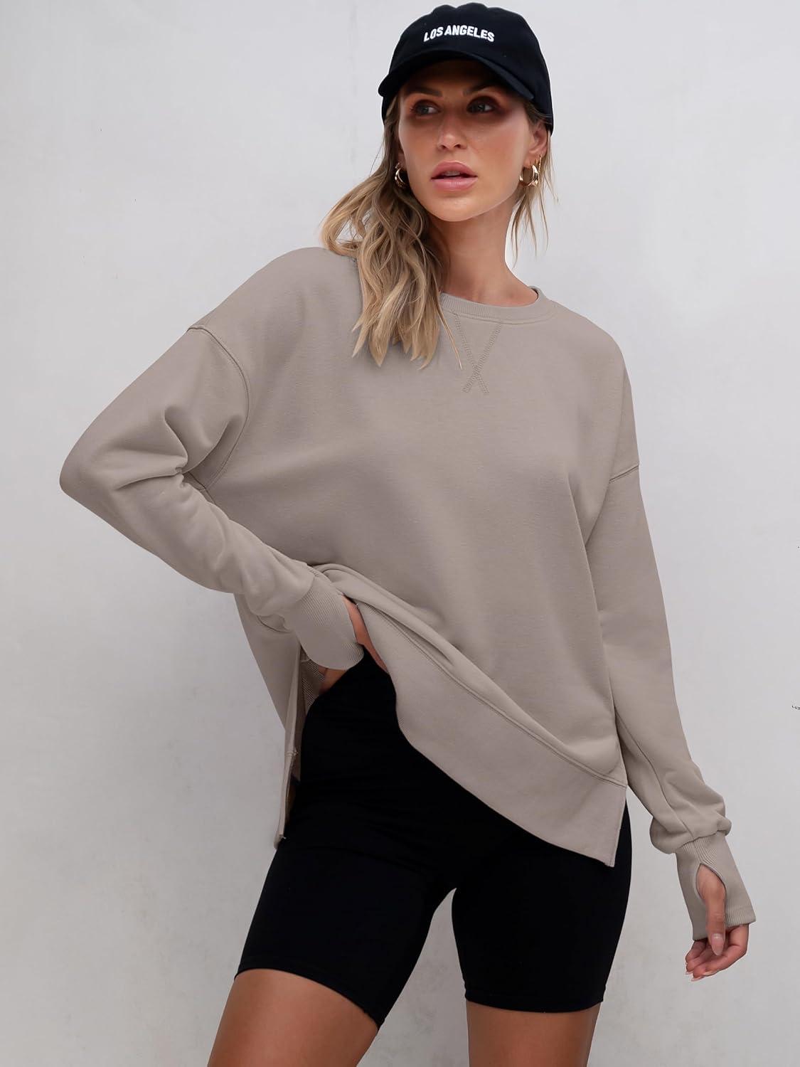 imageANRABESS Sweatshirts for Women 2025 Fall Long Sleeve Shirts Oversized Crewneck Lightweight Side Split Casual Pullover TopsKhaki