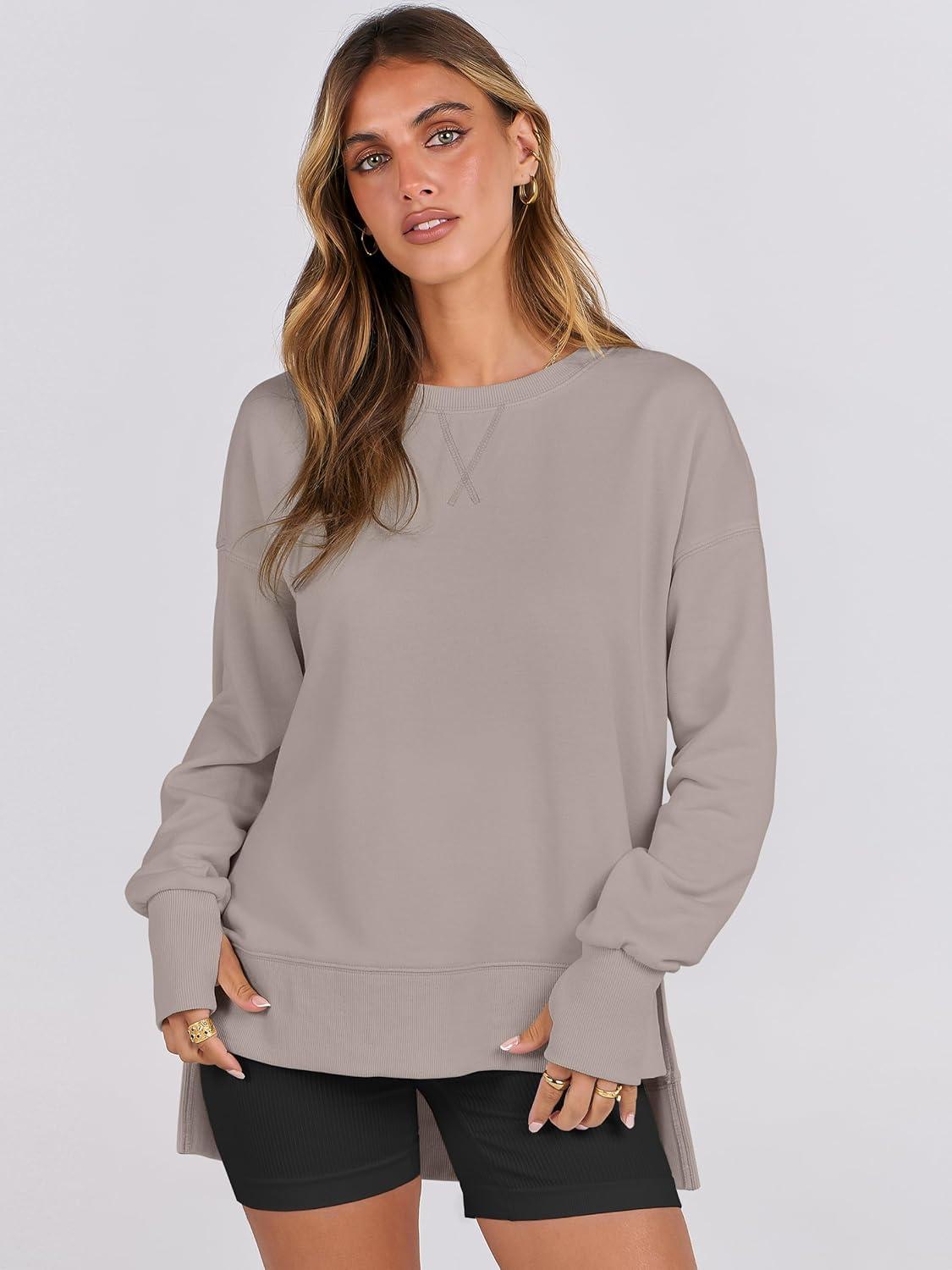 imageANRABESS Sweatshirts for Women 2025 Fall Long Sleeve Shirts Oversized Crewneck Lightweight Side Split Casual Pullover TopsKhaki