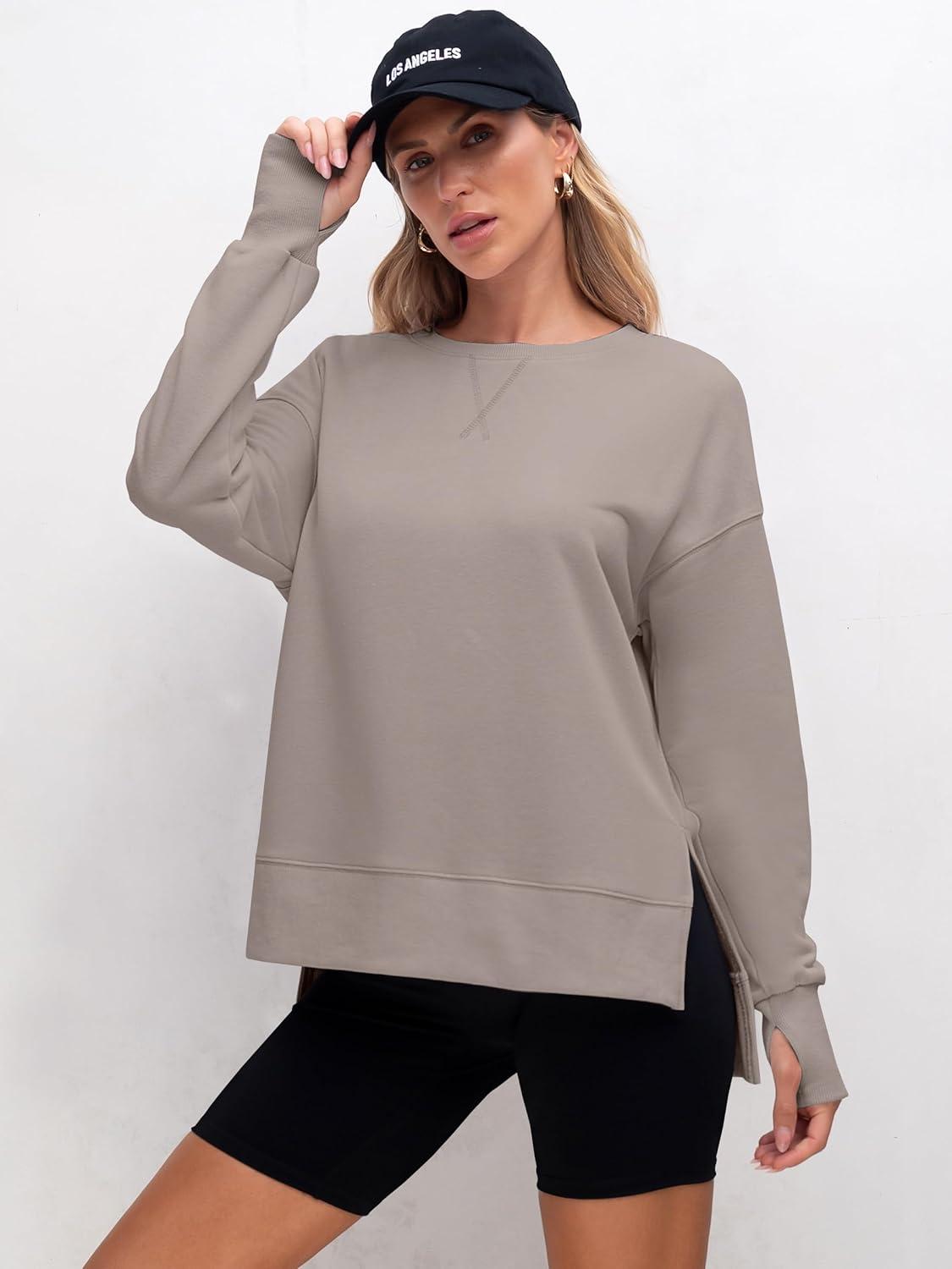 imageANRABESS Sweatshirts for Women 2025 Fall Long Sleeve Shirts Oversized Crewneck Lightweight Side Split Casual Pullover TopsKhaki