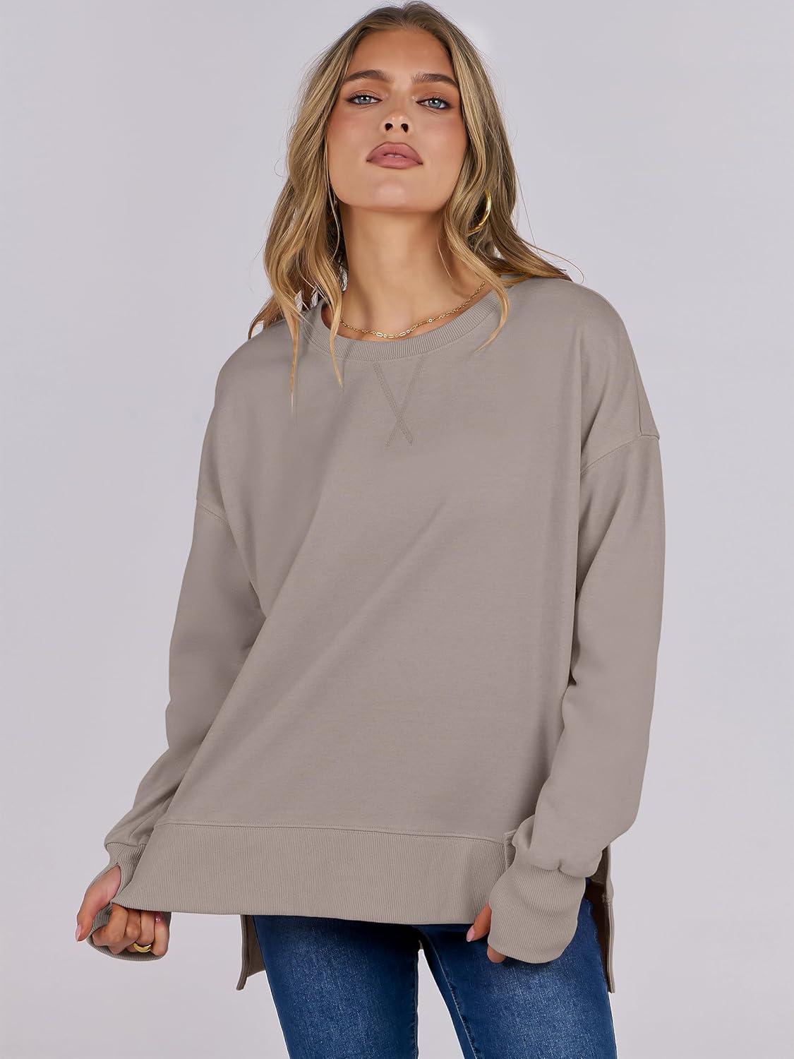 imageANRABESS Sweatshirts for Women 2025 Fall Long Sleeve Shirts Oversized Crewneck Lightweight Side Split Casual Pullover TopsKhaki