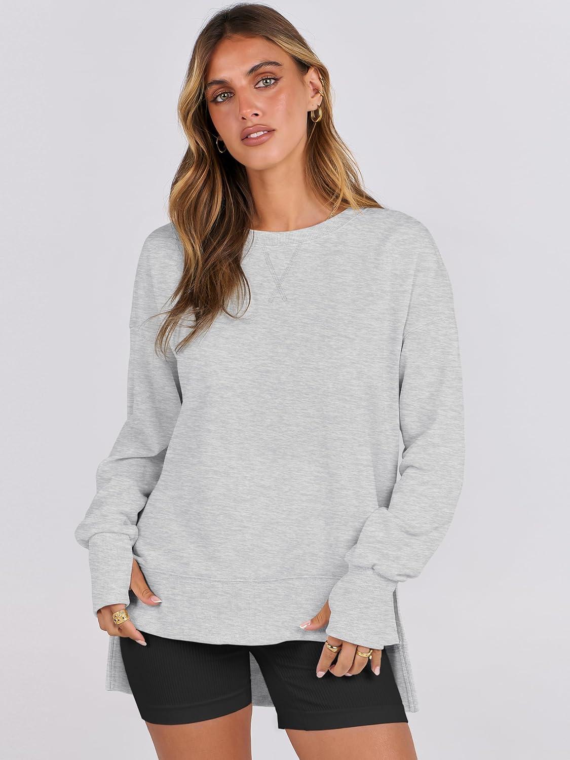 imageANRABESS Sweatshirts for Women 2025 Fall Long Sleeve Shirts Oversized Crewneck Lightweight Side Split Casual Pullover TopsLight Grey