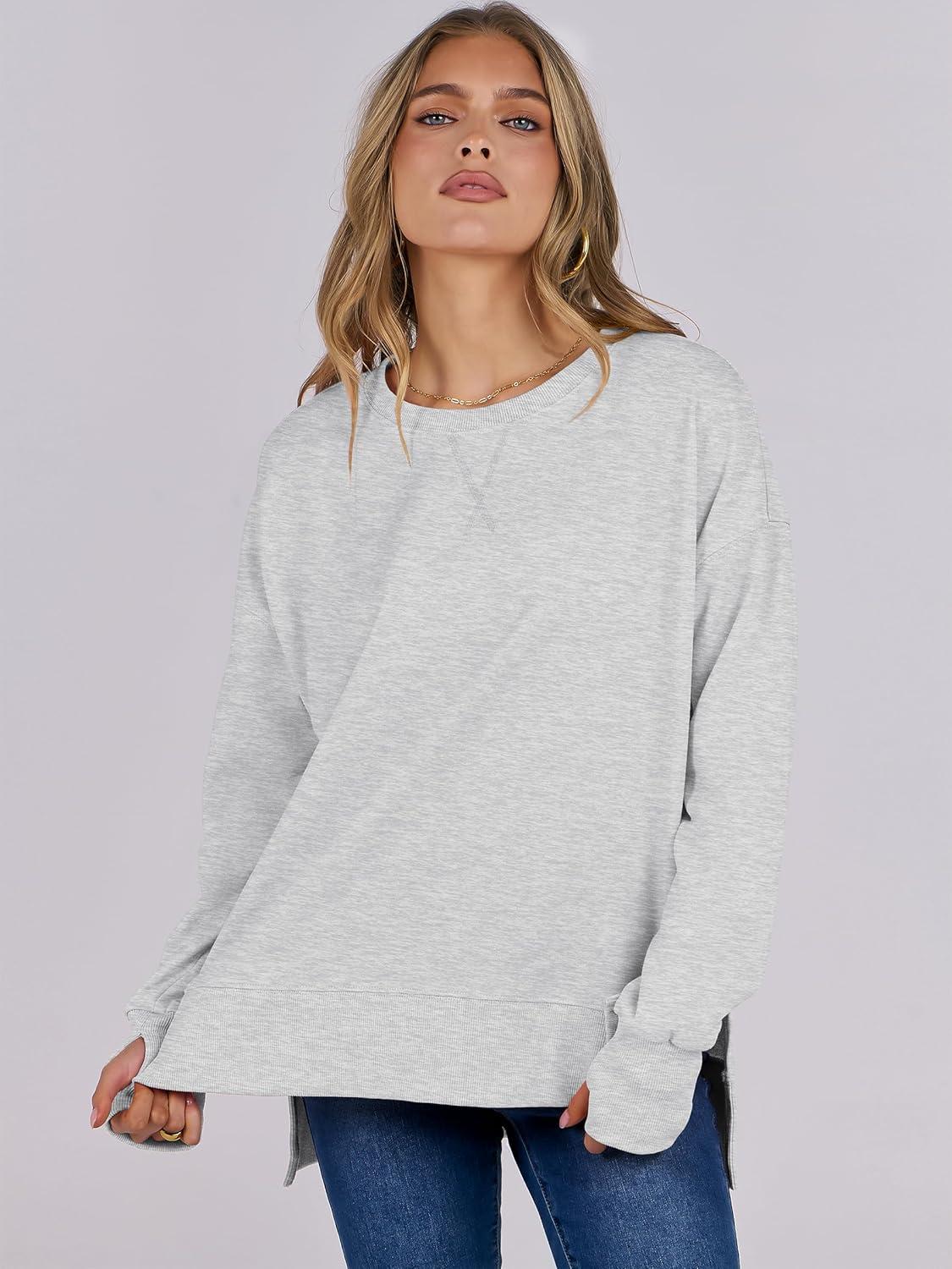 imageANRABESS Sweatshirts for Women 2025 Fall Long Sleeve Shirts Oversized Crewneck Lightweight Side Split Casual Pullover TopsLight Grey