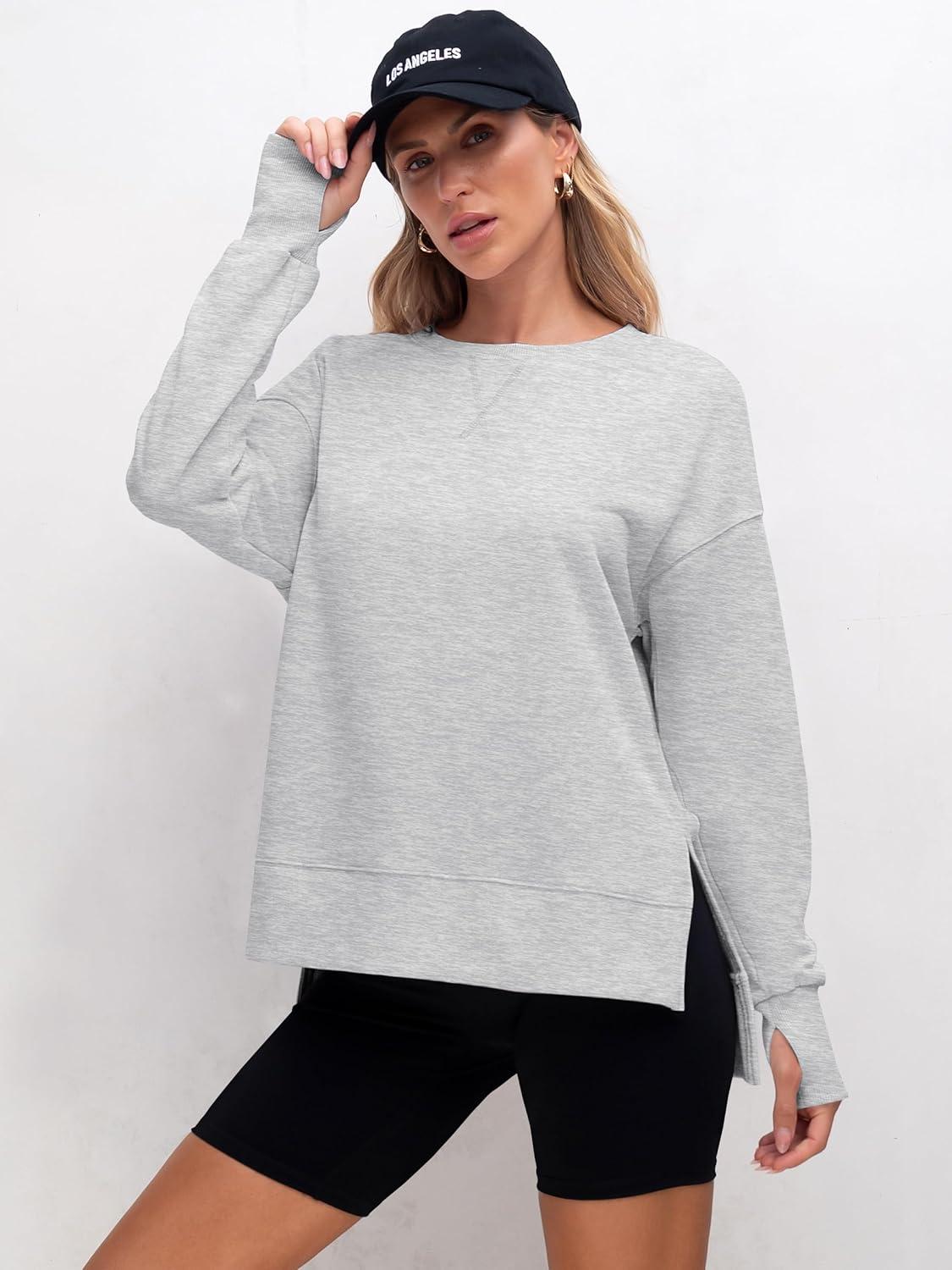 imageANRABESS Sweatshirts for Women 2025 Fall Long Sleeve Shirts Oversized Crewneck Lightweight Side Split Casual Pullover TopsLight Grey