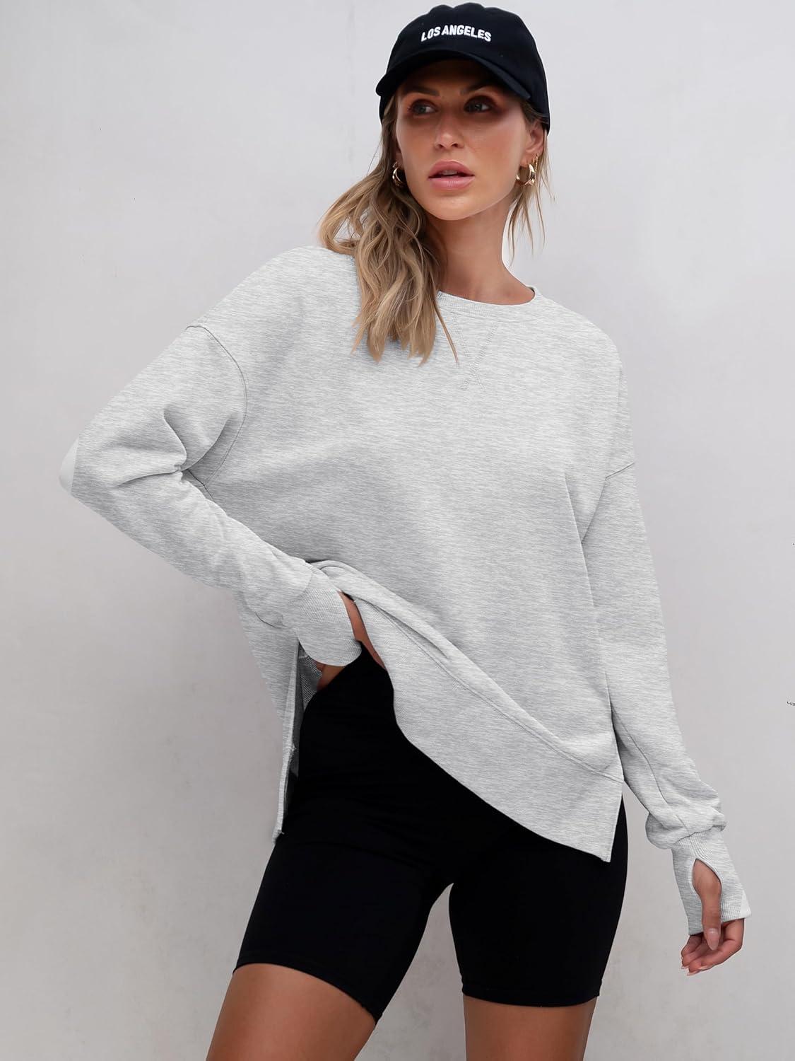 imageANRABESS Sweatshirts for Women 2025 Fall Long Sleeve Shirts Oversized Crewneck Lightweight Side Split Casual Pullover TopsLight Grey