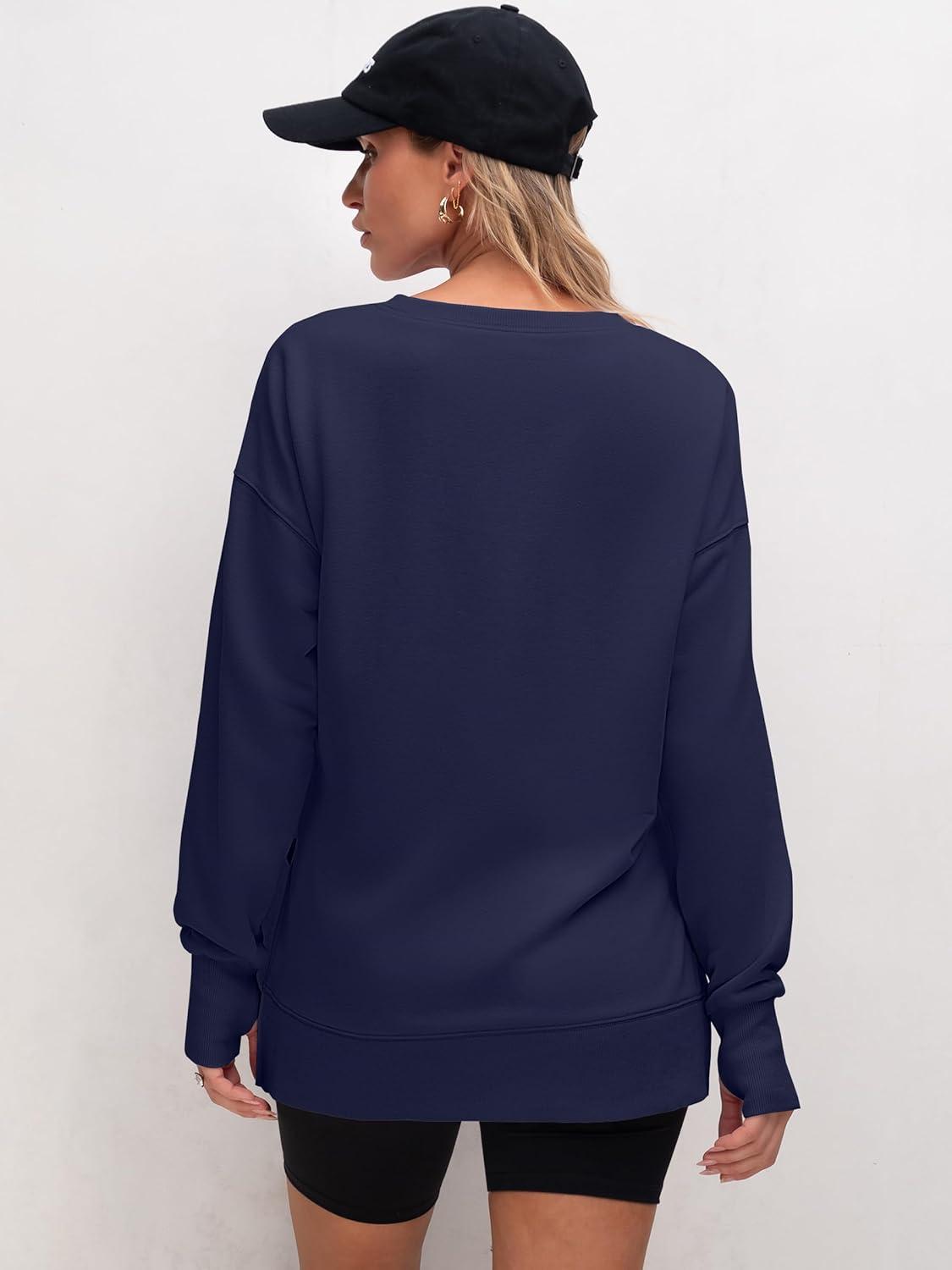 imageANRABESS Sweatshirts for Women 2025 Fall Long Sleeve Shirts Oversized Crewneck Lightweight Side Split Casual Pullover TopsNavy Blue