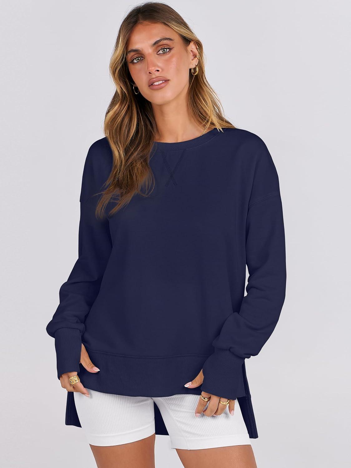 imageANRABESS Sweatshirts for Women 2025 Fall Long Sleeve Shirts Oversized Crewneck Lightweight Side Split Casual Pullover TopsNavy Blue