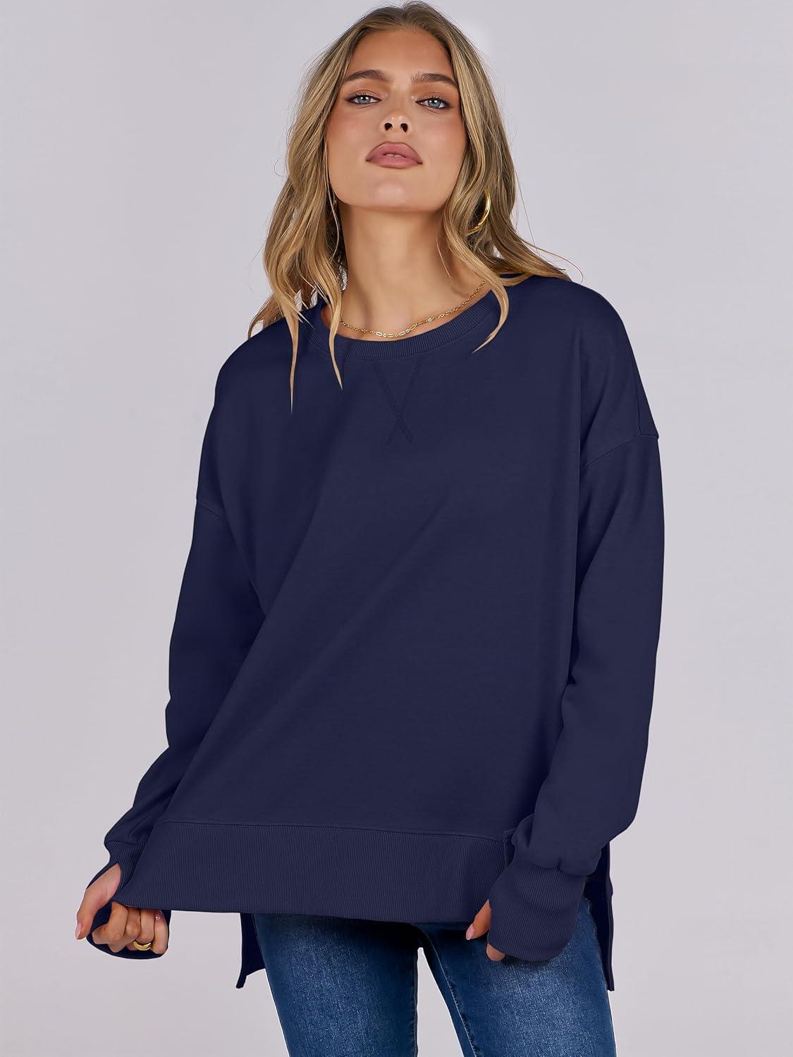 imageANRABESS Sweatshirts for Women 2025 Fall Long Sleeve Shirts Oversized Crewneck Lightweight Side Split Casual Pullover TopsNavy Blue