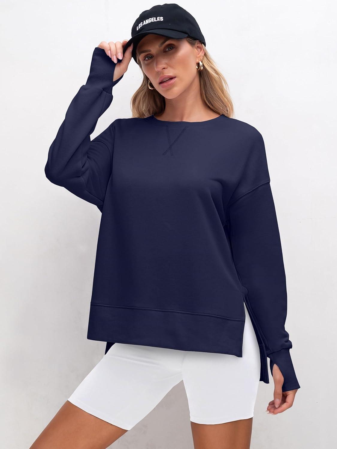 imageANRABESS Sweatshirts for Women 2025 Fall Long Sleeve Shirts Oversized Crewneck Lightweight Side Split Casual Pullover TopsNavy Blue
