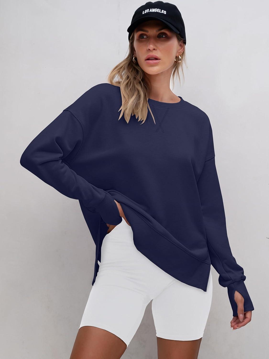 imageANRABESS Sweatshirts for Women 2025 Fall Long Sleeve Shirts Oversized Crewneck Lightweight Side Split Casual Pullover TopsNavy Blue