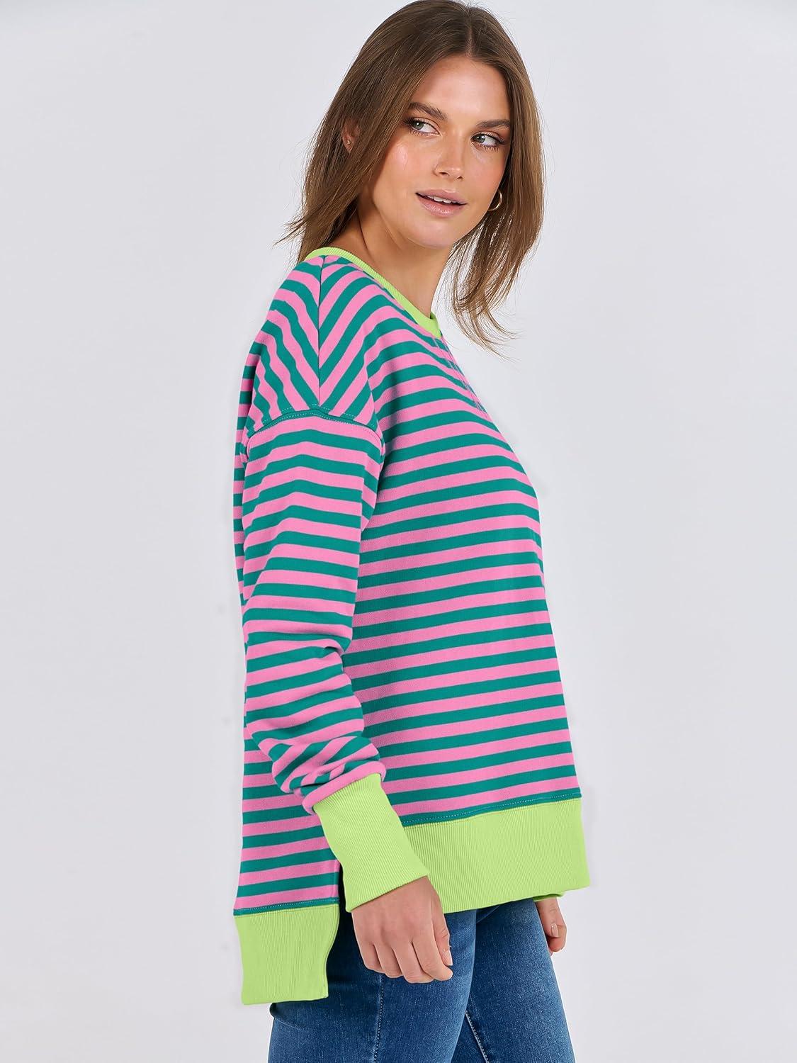 imageANRABESS Sweatshirts for Women 2025 Fall Long Sleeve Shirts Oversized Crewneck Lightweight Side Split Casual Pullover TopsPink Green