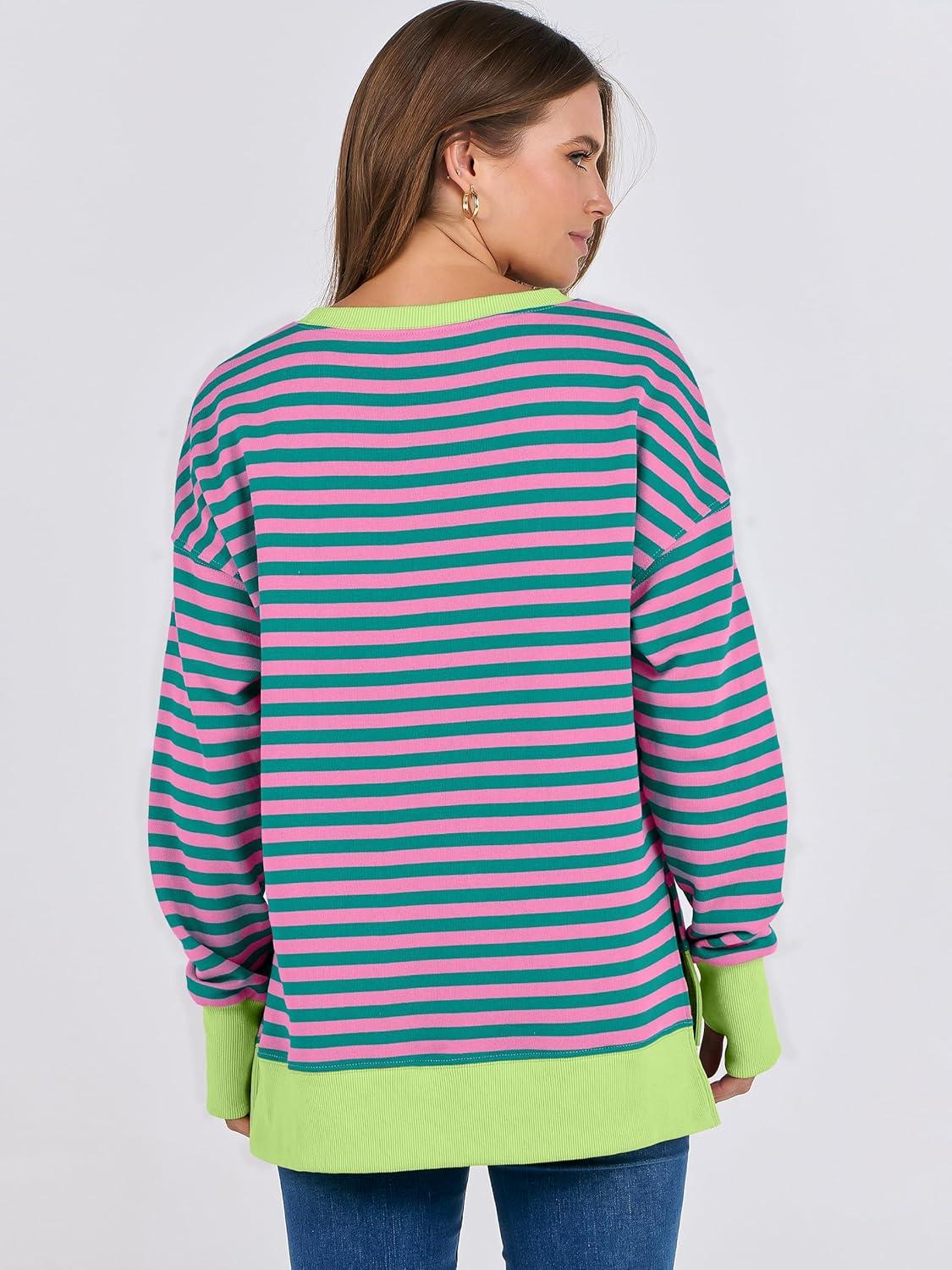 imageANRABESS Sweatshirts for Women 2025 Fall Long Sleeve Shirts Oversized Crewneck Lightweight Side Split Casual Pullover TopsPink Green