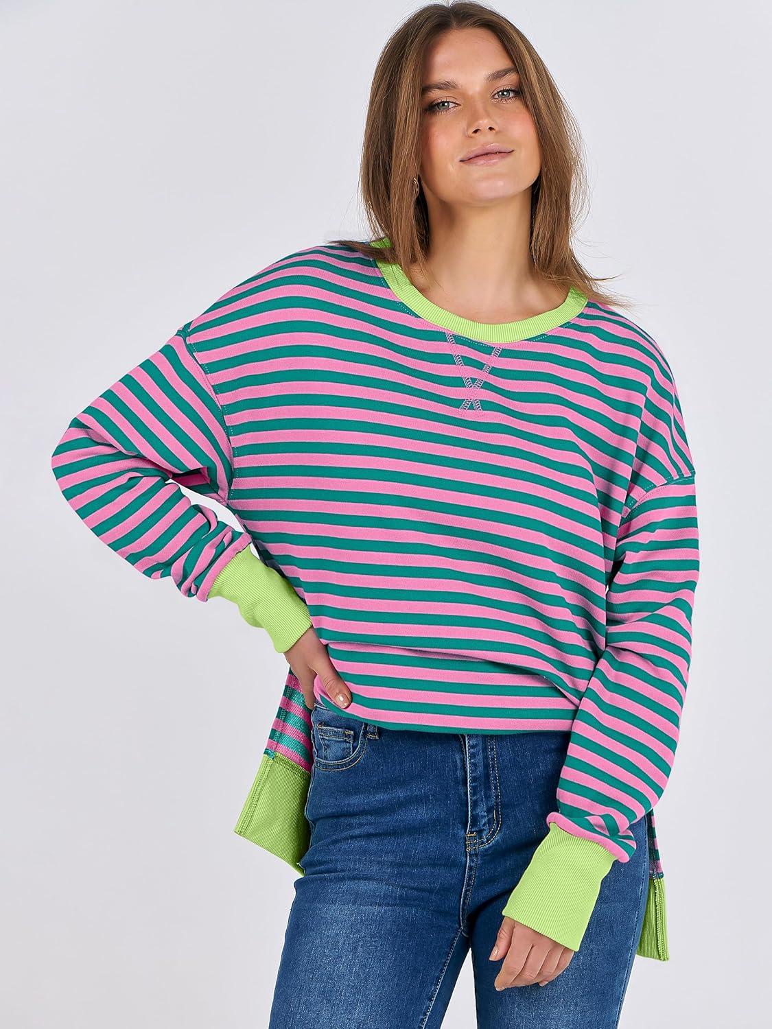 imageANRABESS Sweatshirts for Women 2025 Fall Long Sleeve Shirts Oversized Crewneck Lightweight Side Split Casual Pullover TopsPink Green