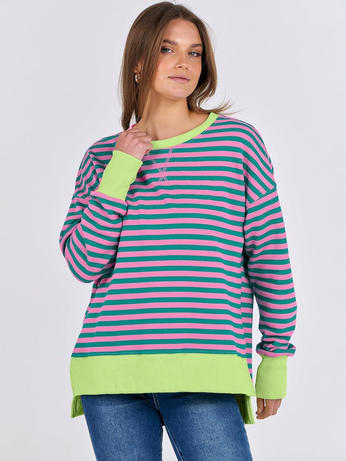 imageANRABESS Sweatshirts for Women 2025 Fall Long Sleeve Shirts Oversized Crewneck Lightweight Side Split Casual Pullover TopsPink Green