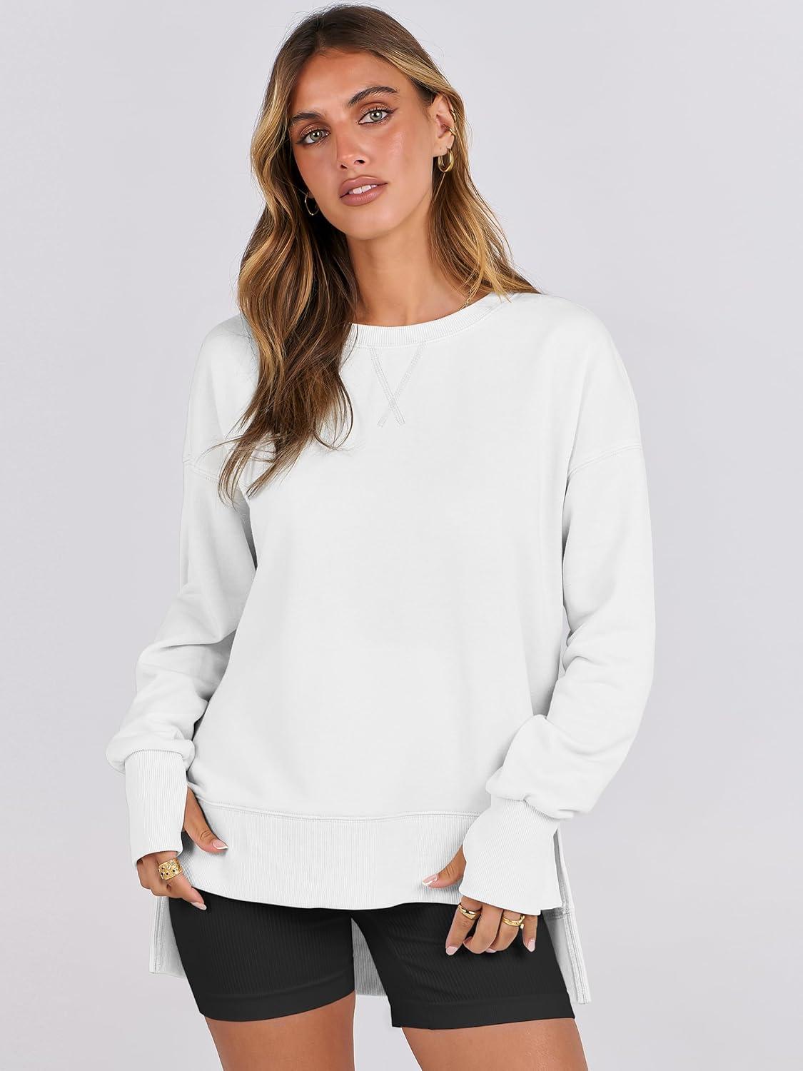 imageANRABESS Sweatshirts for Women 2025 Fall Long Sleeve Shirts Oversized Crewneck Lightweight Side Split Casual Pullover TopsWhite