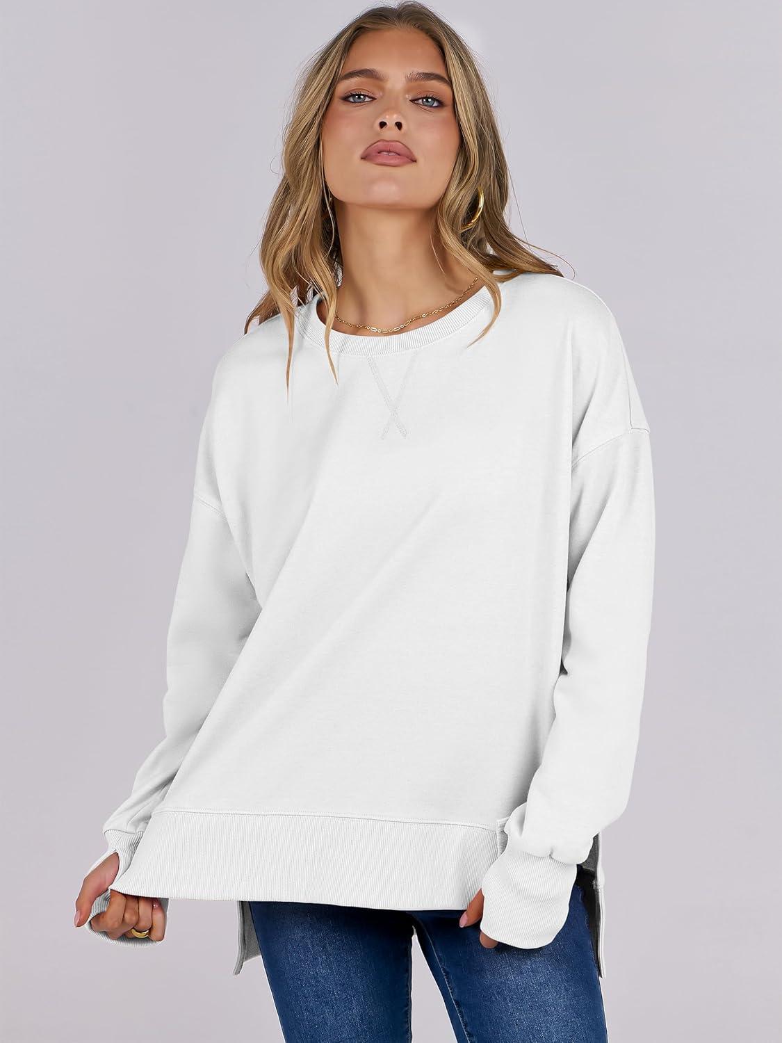imageANRABESS Sweatshirts for Women 2025 Fall Long Sleeve Shirts Oversized Crewneck Lightweight Side Split Casual Pullover TopsWhite