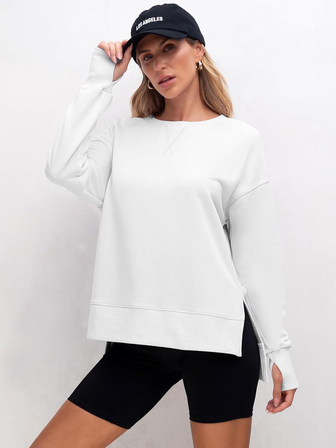imageANRABESS Sweatshirts for Women 2025 Fall Long Sleeve Shirts Oversized Crewneck Lightweight Side Split Casual Pullover TopsWhite