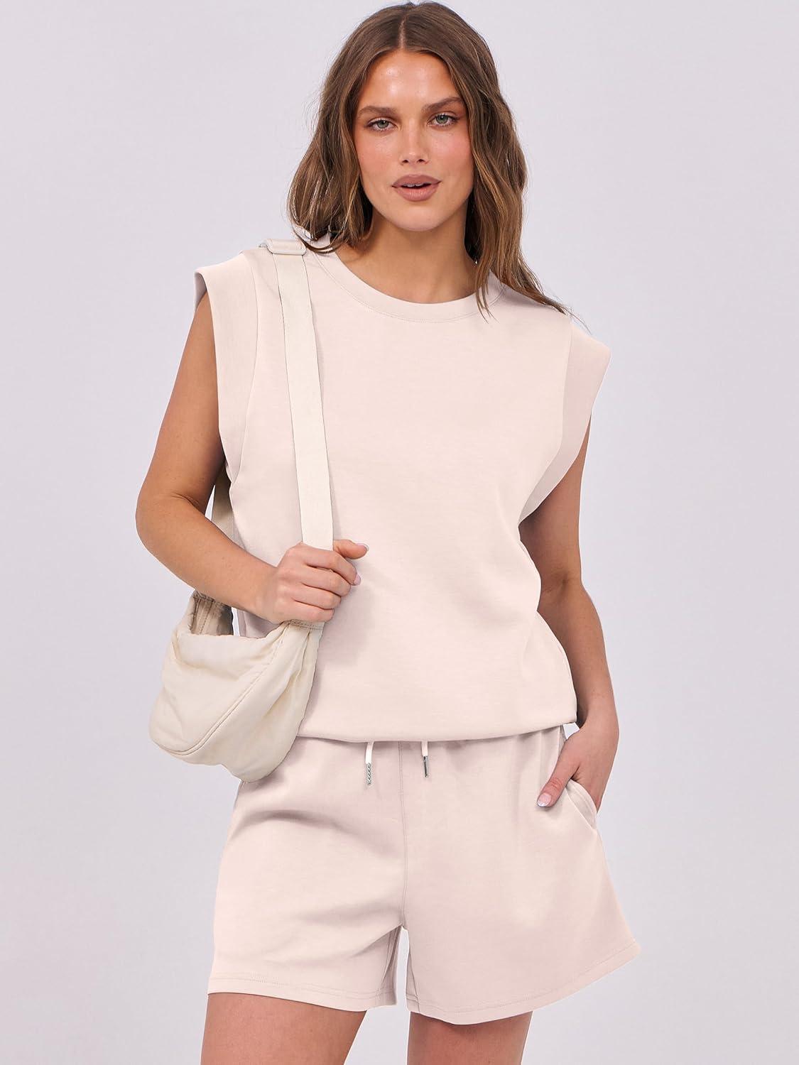 imageANRABESS Two Piece Sets for Women 2025 Summer Short Lounge Set Casual Beach Vacation Outfits Spring Sweatsuits TracksuitAlmond