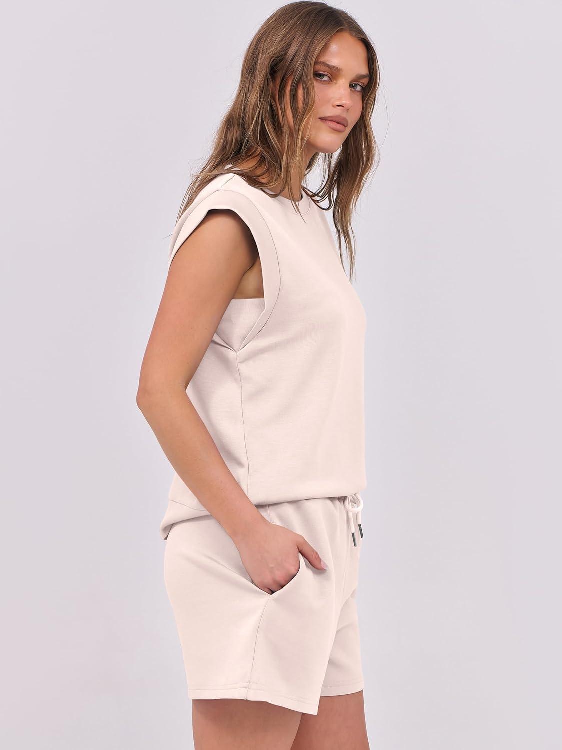 imageANRABESS Two Piece Sets for Women 2025 Summer Short Lounge Set Casual Beach Vacation Outfits Spring Sweatsuits TracksuitAlmond