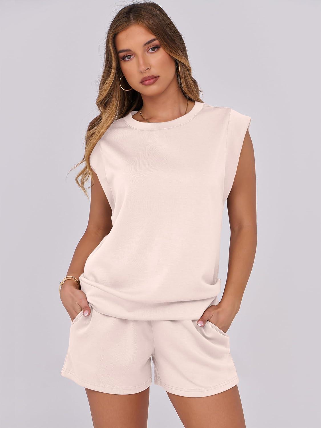 imageANRABESS Two Piece Sets for Women 2025 Summer Short Lounge Set Casual Beach Vacation Outfits Spring Sweatsuits TracksuitAlmond