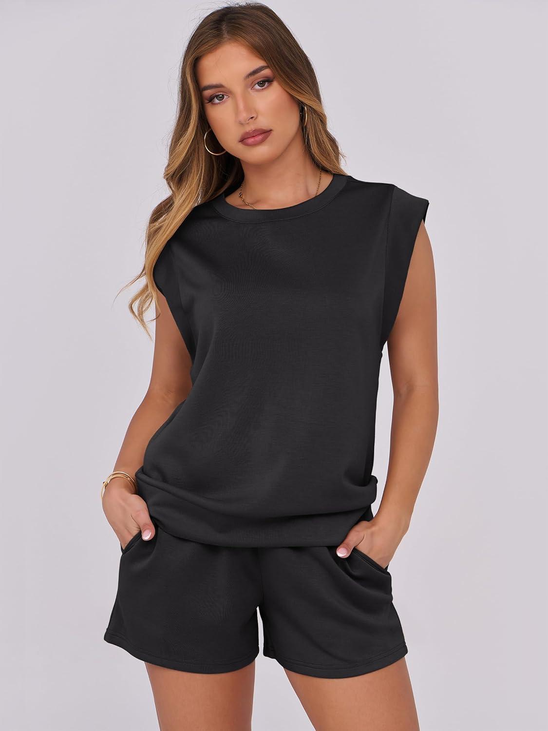 imageANRABESS Two Piece Sets for Women 2025 Summer Short Lounge Set Casual Beach Vacation Outfits Spring Sweatsuits TracksuitBlack