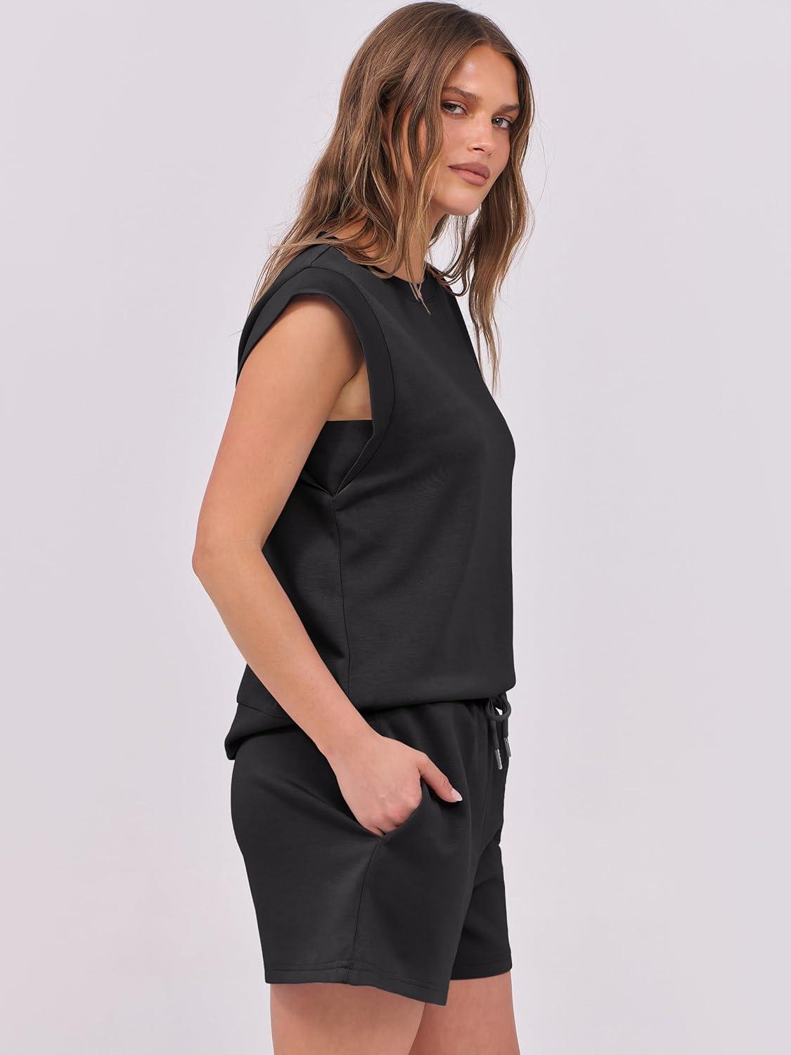 imageANRABESS Two Piece Sets for Women 2025 Summer Short Lounge Set Casual Beach Vacation Outfits Spring Sweatsuits TracksuitBlack