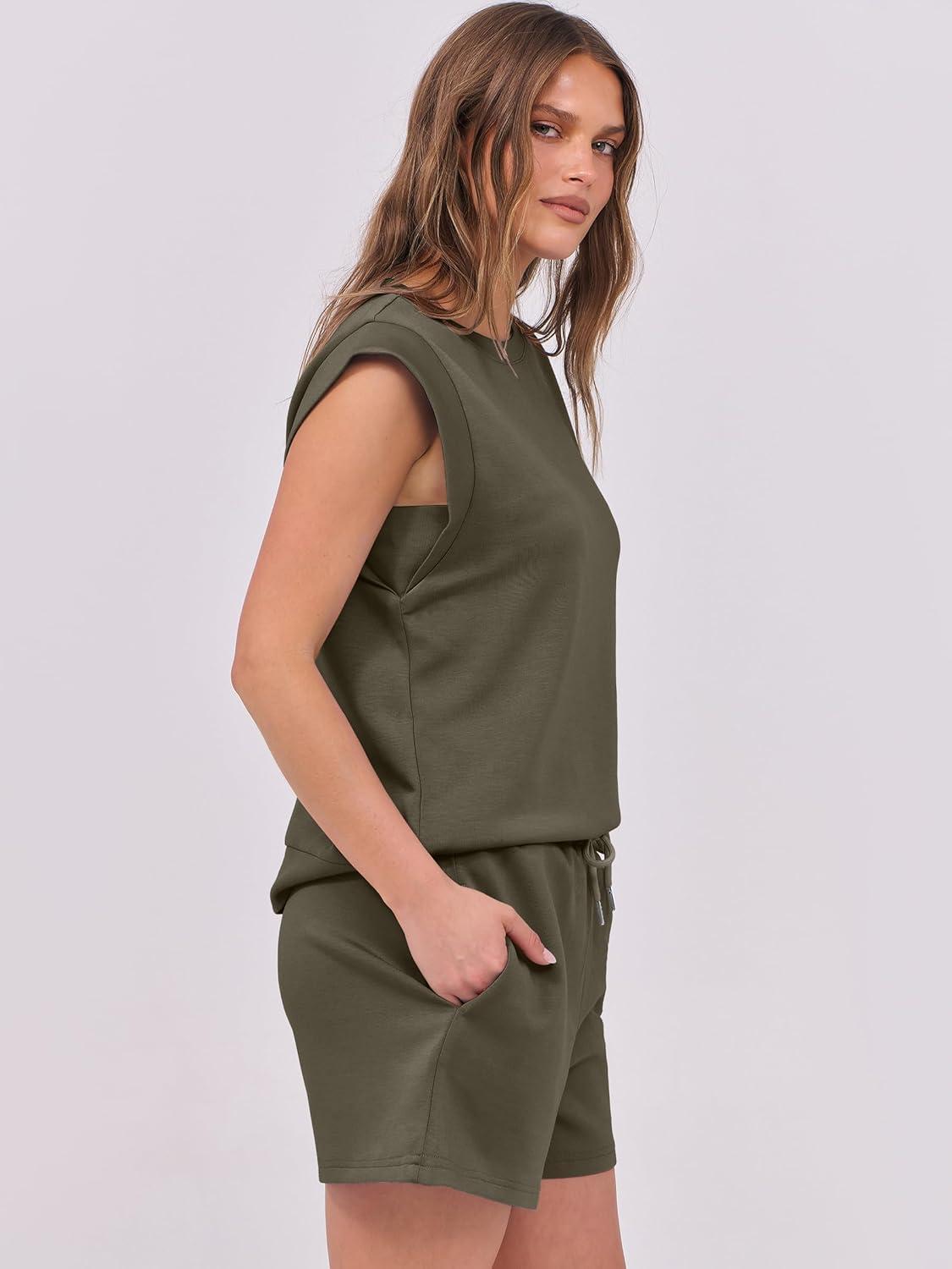 imageANRABESS Two Piece Sets for Women 2025 Summer Short Lounge Set Casual Beach Vacation Outfits Spring Sweatsuits TracksuitBrown Army Green