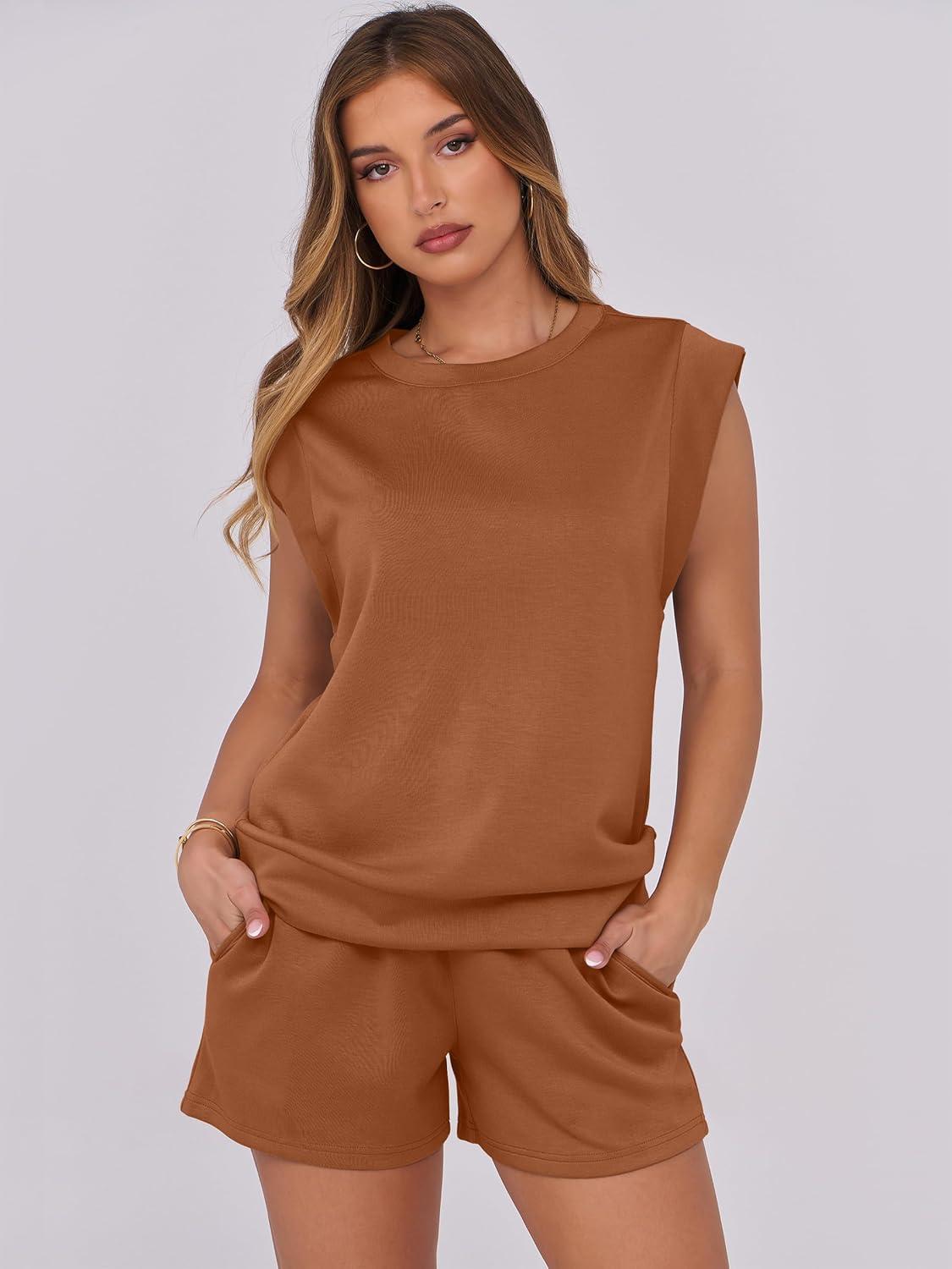 imageANRABESS Two Piece Sets for Women 2025 Summer Short Lounge Set Casual Beach Vacation Outfits Spring Sweatsuits TracksuitRust