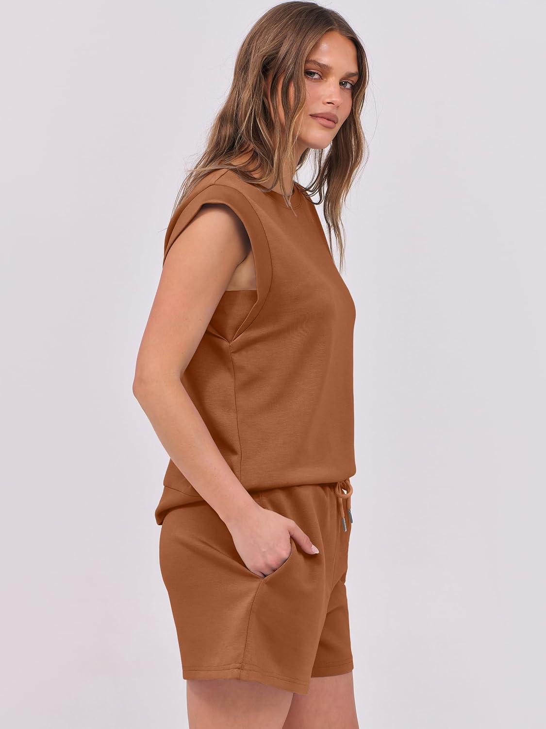 imageANRABESS Two Piece Sets for Women 2025 Summer Short Lounge Set Casual Beach Vacation Outfits Spring Sweatsuits TracksuitRust