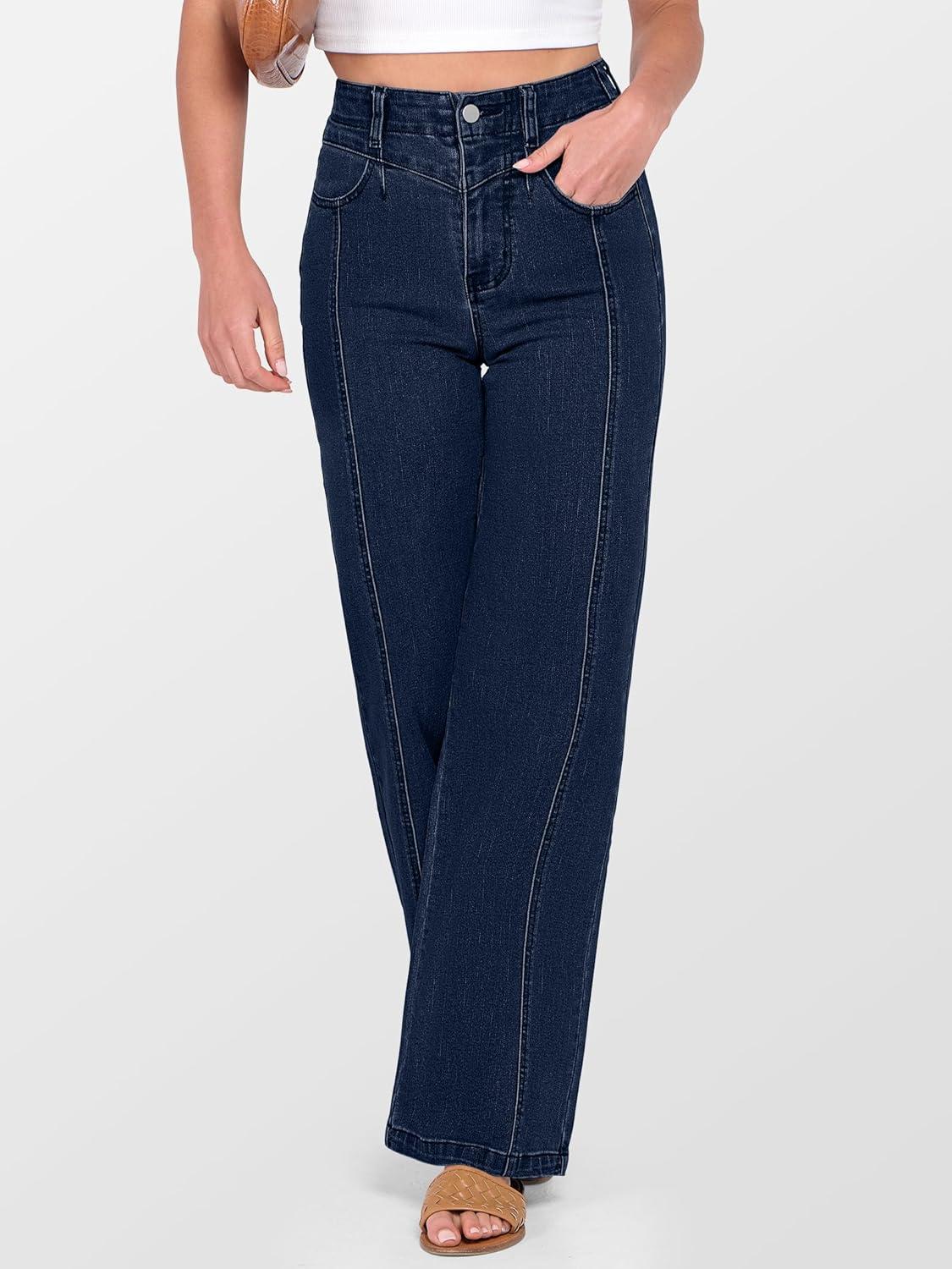 imageANRABESS Wide Leg Jeans for Women Trendy 2025 High Waisted Stretchy Baggy Fall Fashion Denim Pants with PocketsDark Blue