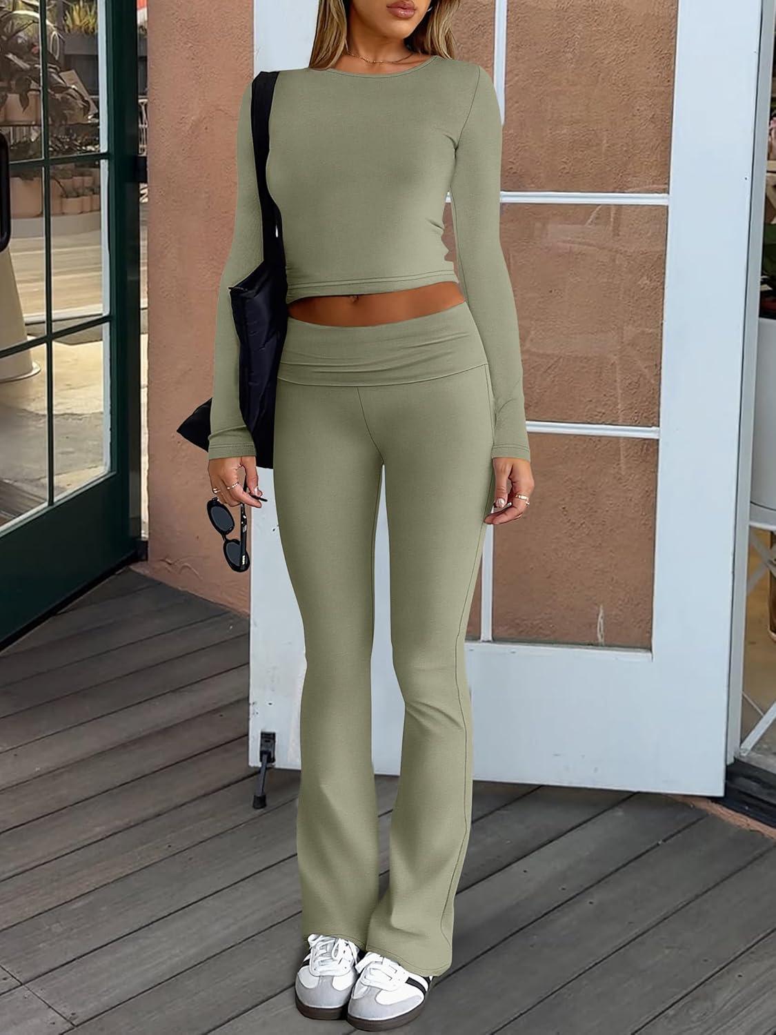 imageANRABESS Women 2 Piece Outfits Fall Lounge Sets Long Sleeve Cropped Top Fold Over Flare Pants Comfy Pajamas Set Y2K ClothesArmy Green